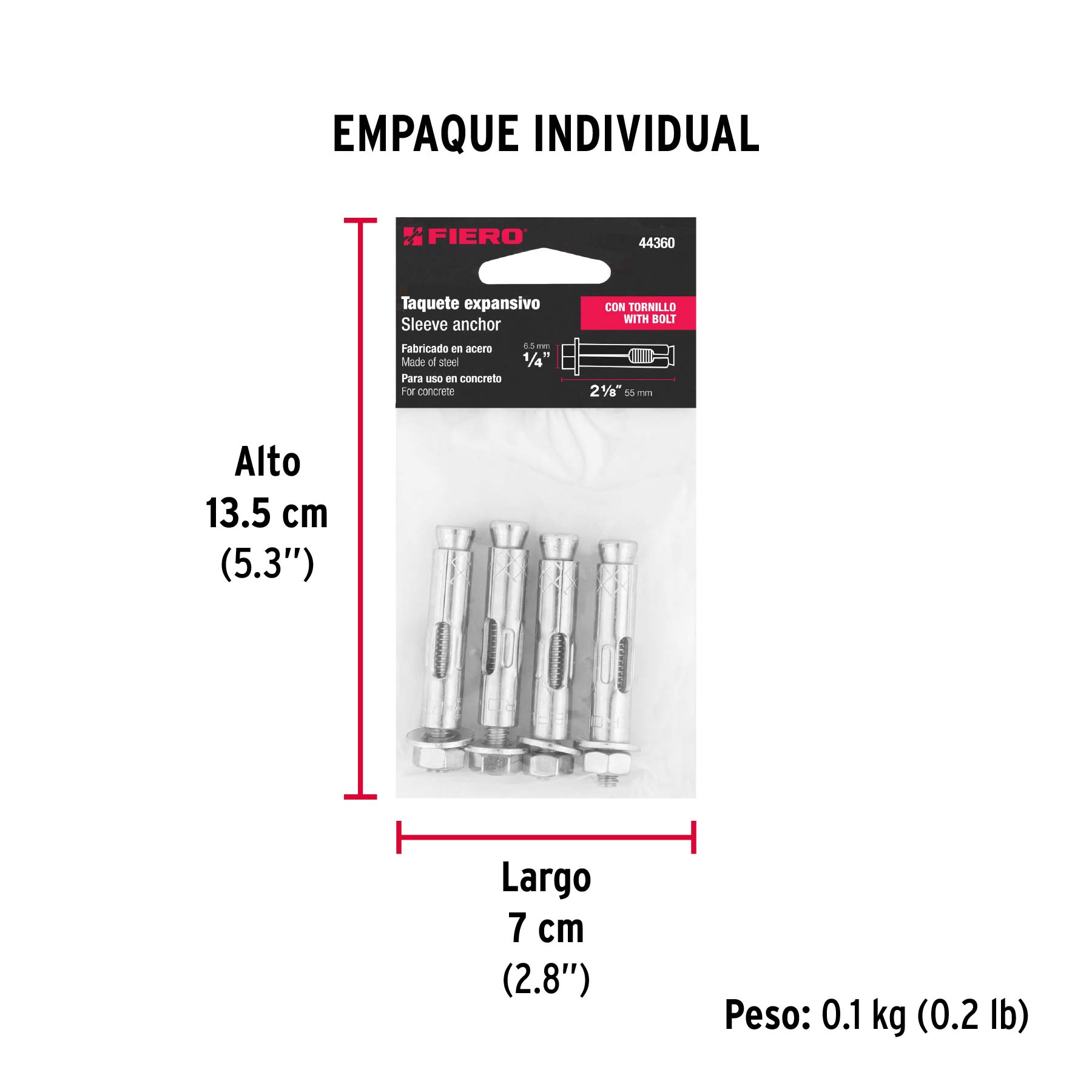 Taquete de expansión, 1/4" con tornillo, bolsa 4 pzas