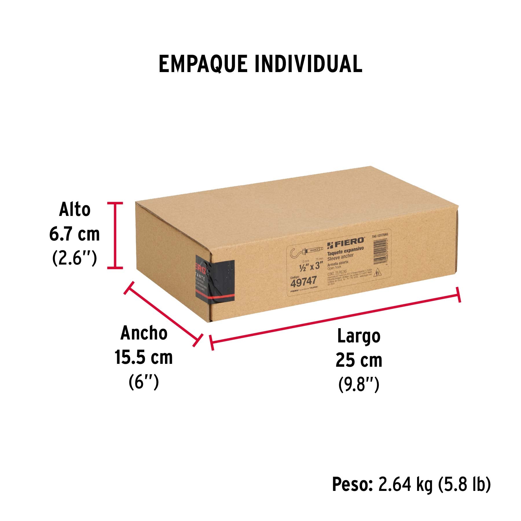 Caja con 25 taquetes expansivos 12x70 mm con armella abierta