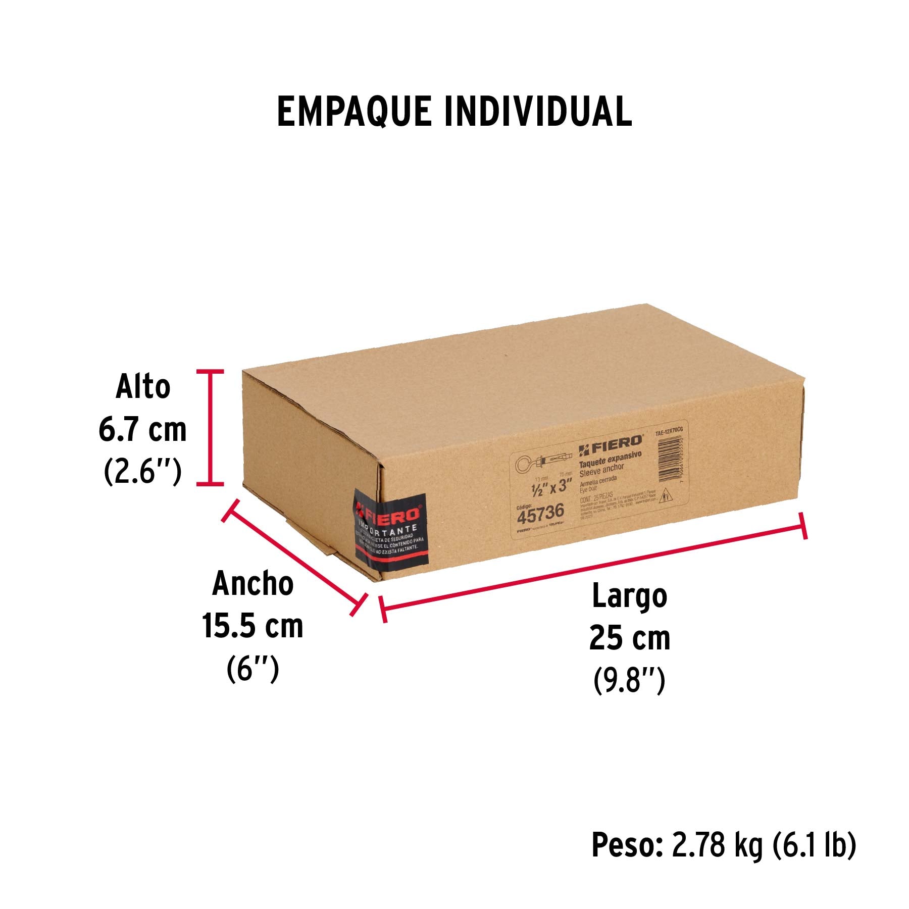 Caja con 25 taquetes expansivos 12x70 mm con armella cerrada