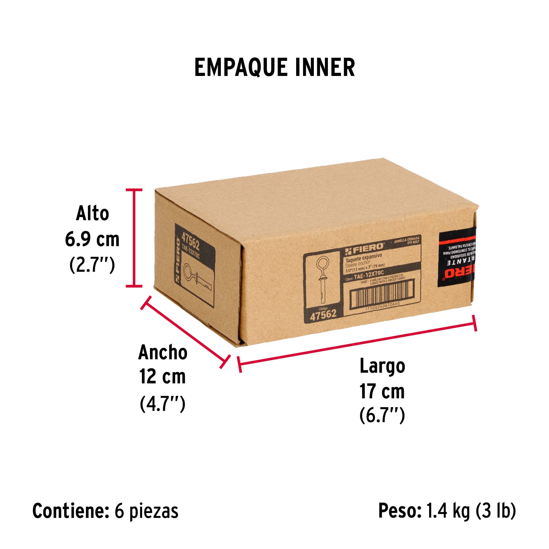 Taquete expansivo con armella cerrada, 12X70mm, bolsa 2 pzas