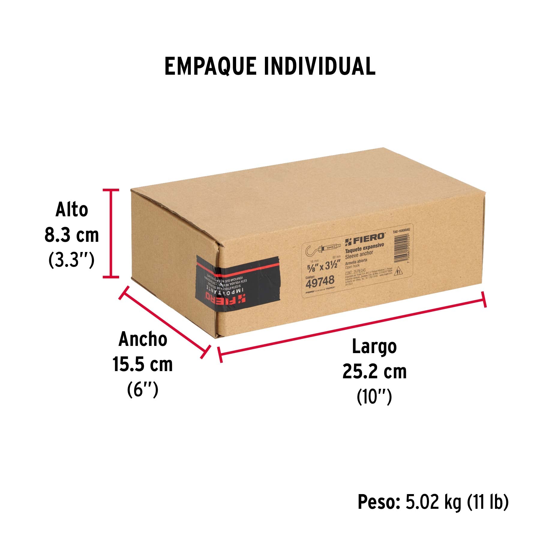 Caja con 25 taquetes expansivos 16x80 mm con armella abierta