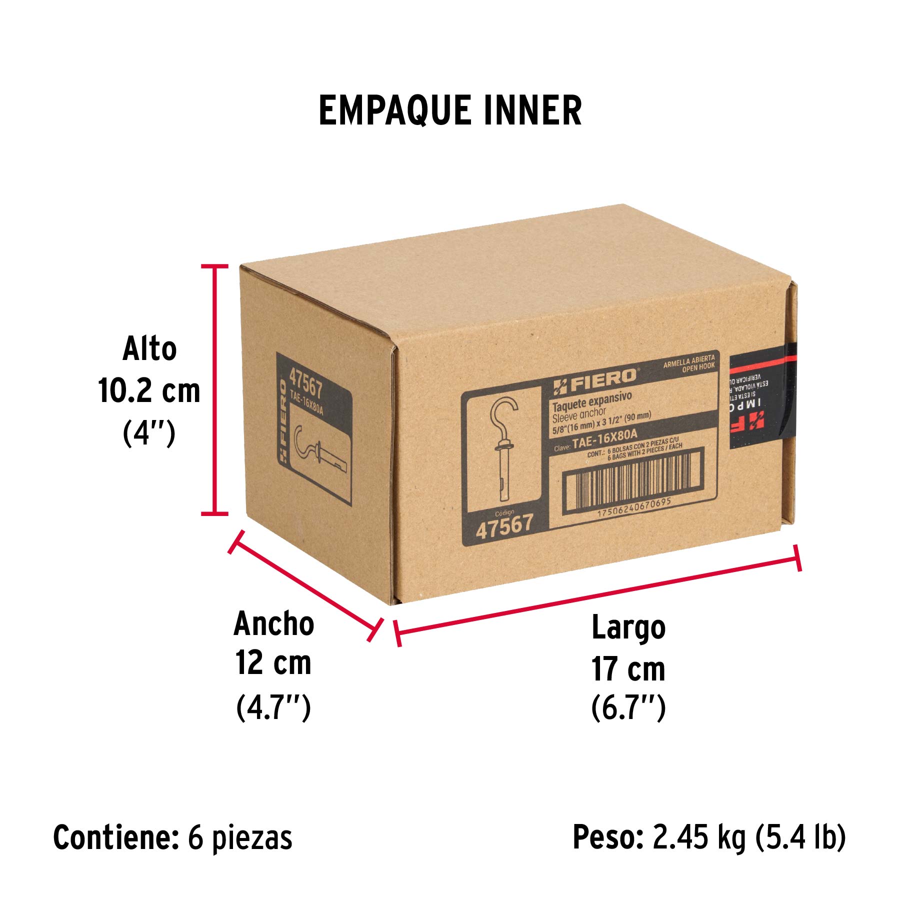 Taquete expansivo con armella abierta, 16X80mm, bolsa 2 pzas