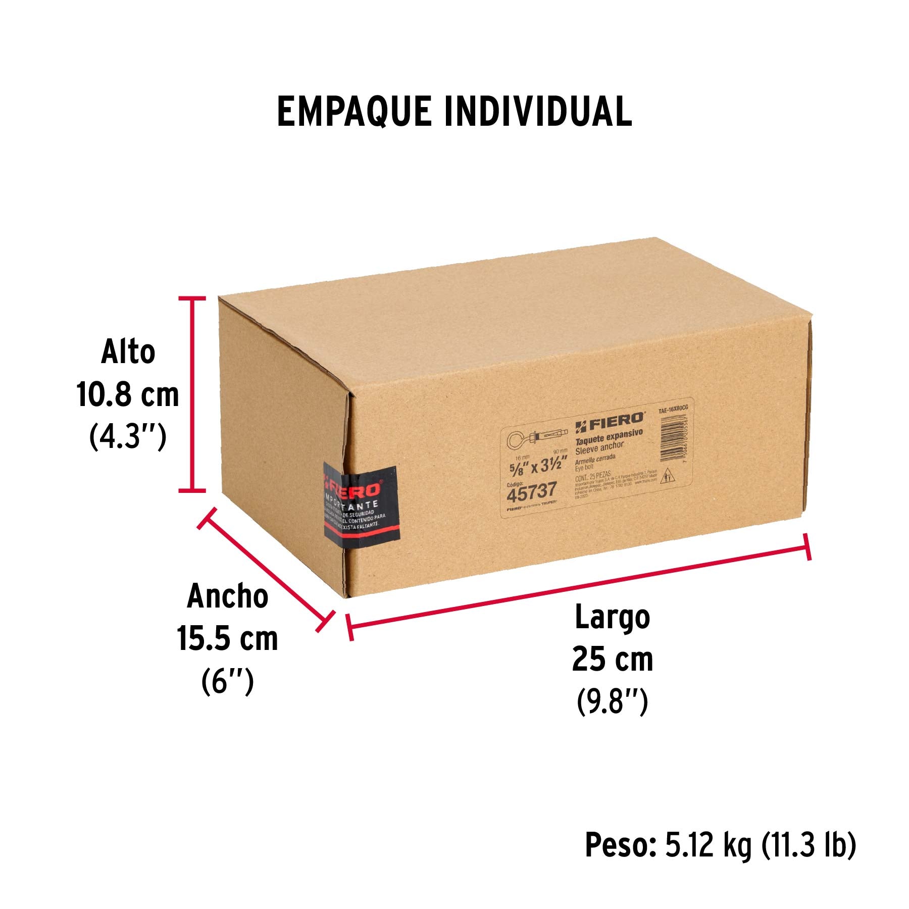 Caja con 25 taquetes expansivos 16x80 mm con armella cerrada