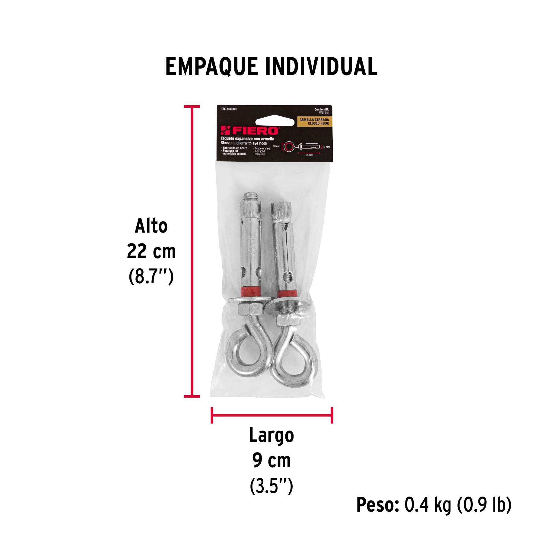 Taquete expansivo con armella cerrada, 16X80mm, bolsa 2 pzas