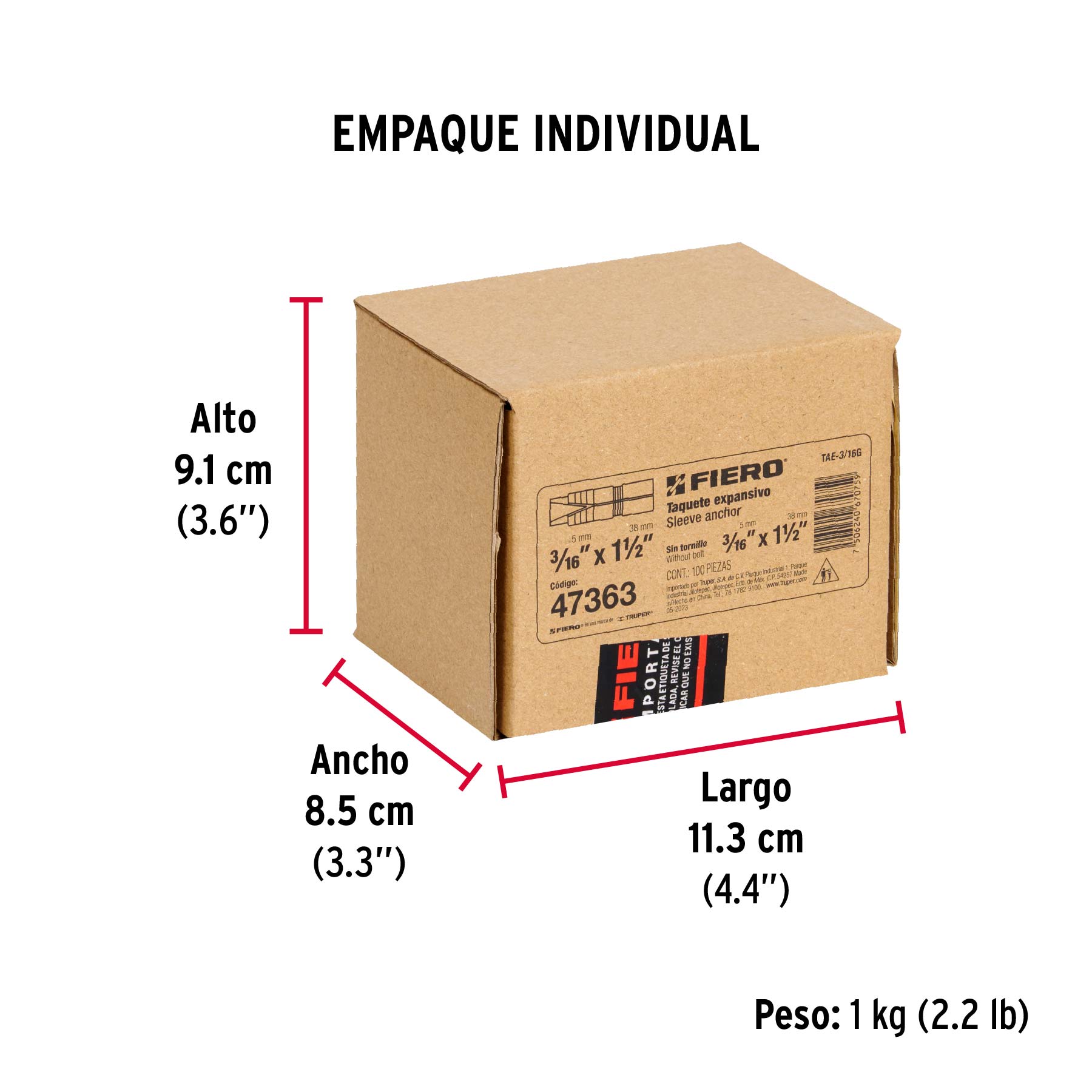 Taquete de expansión, 3/16" sin tornillo, caja 100 piezas