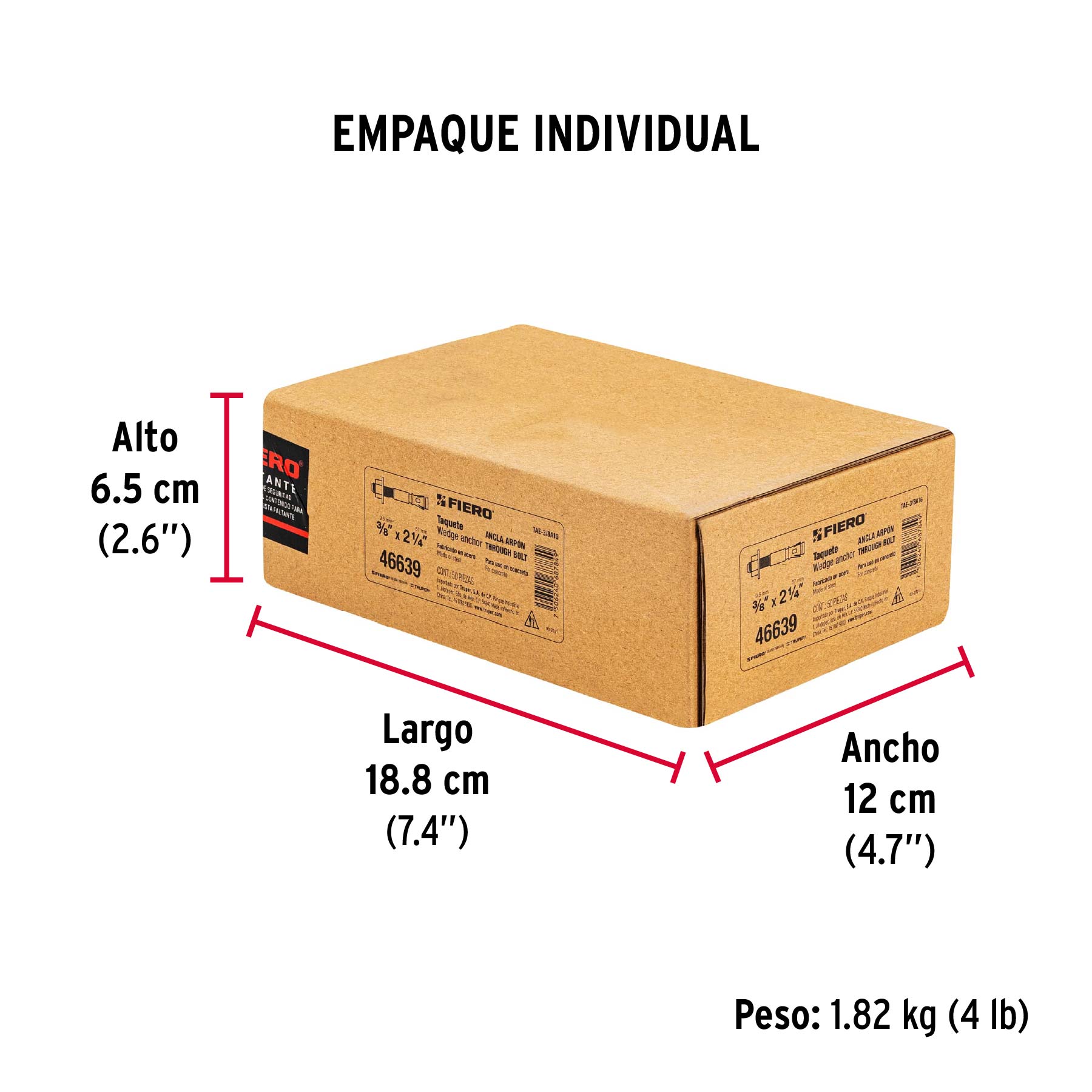 Caja con 50 taquetes arpón de 3/8' x 2-1/4', Fiero