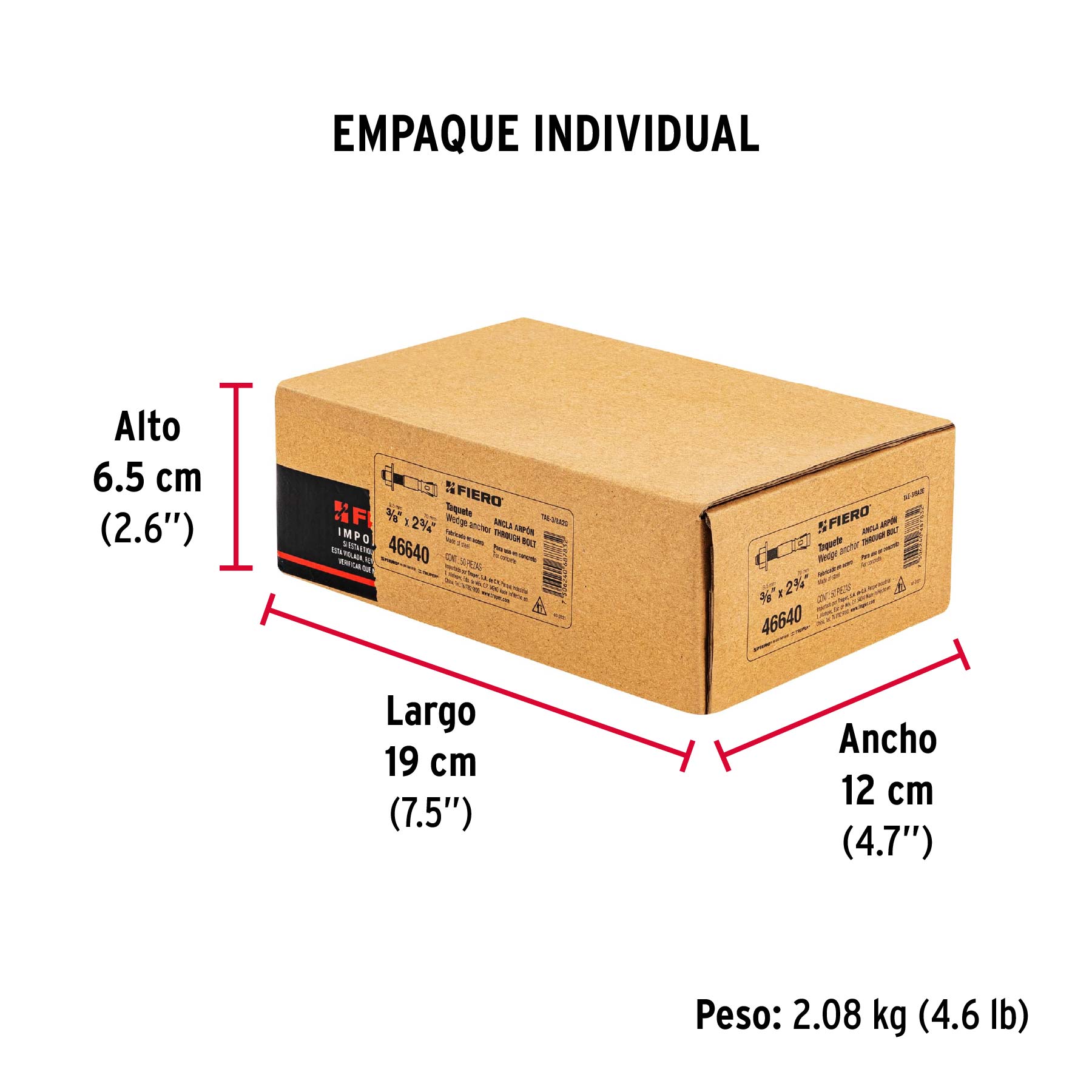 Caja con 50 taquetes arpón de 3/8' x 2-3/4', Fiero