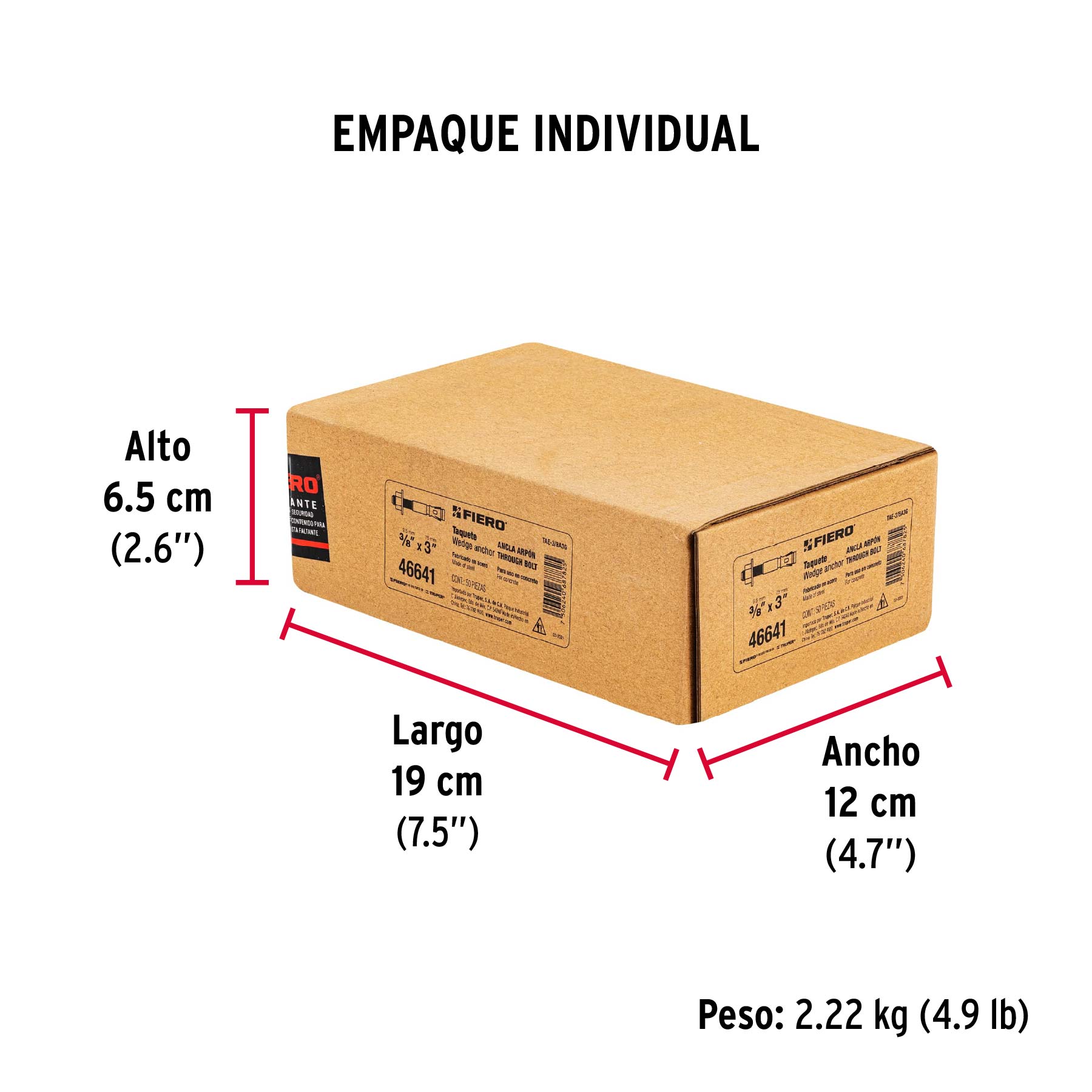 Caja con 50 taquetes arpón de 3/8' x 3', Fiero