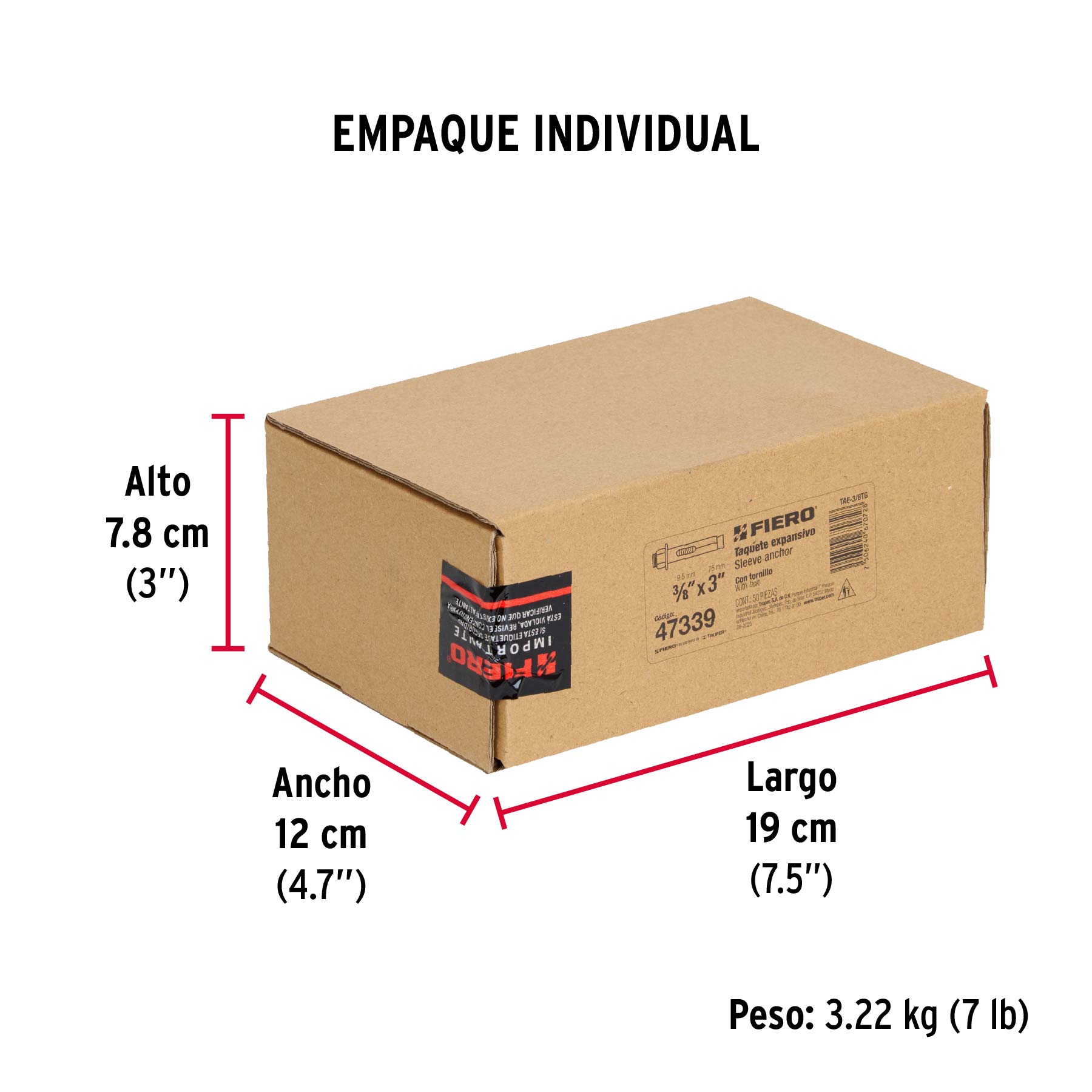 Taquete de expansión, 3/8" con tornillo, caja 50 piezas