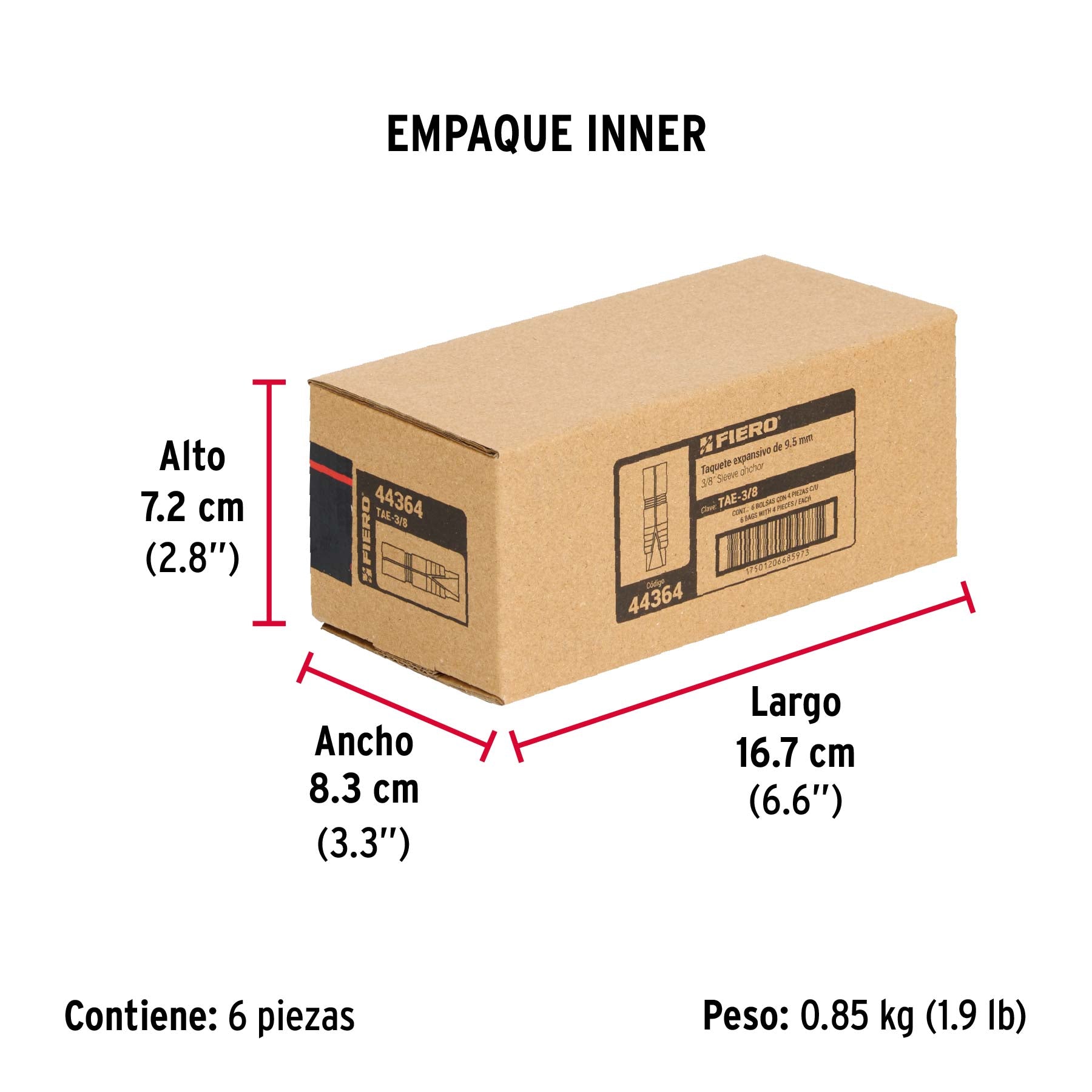 Taquete de expansión, 3/8", bolsa 4 piezas