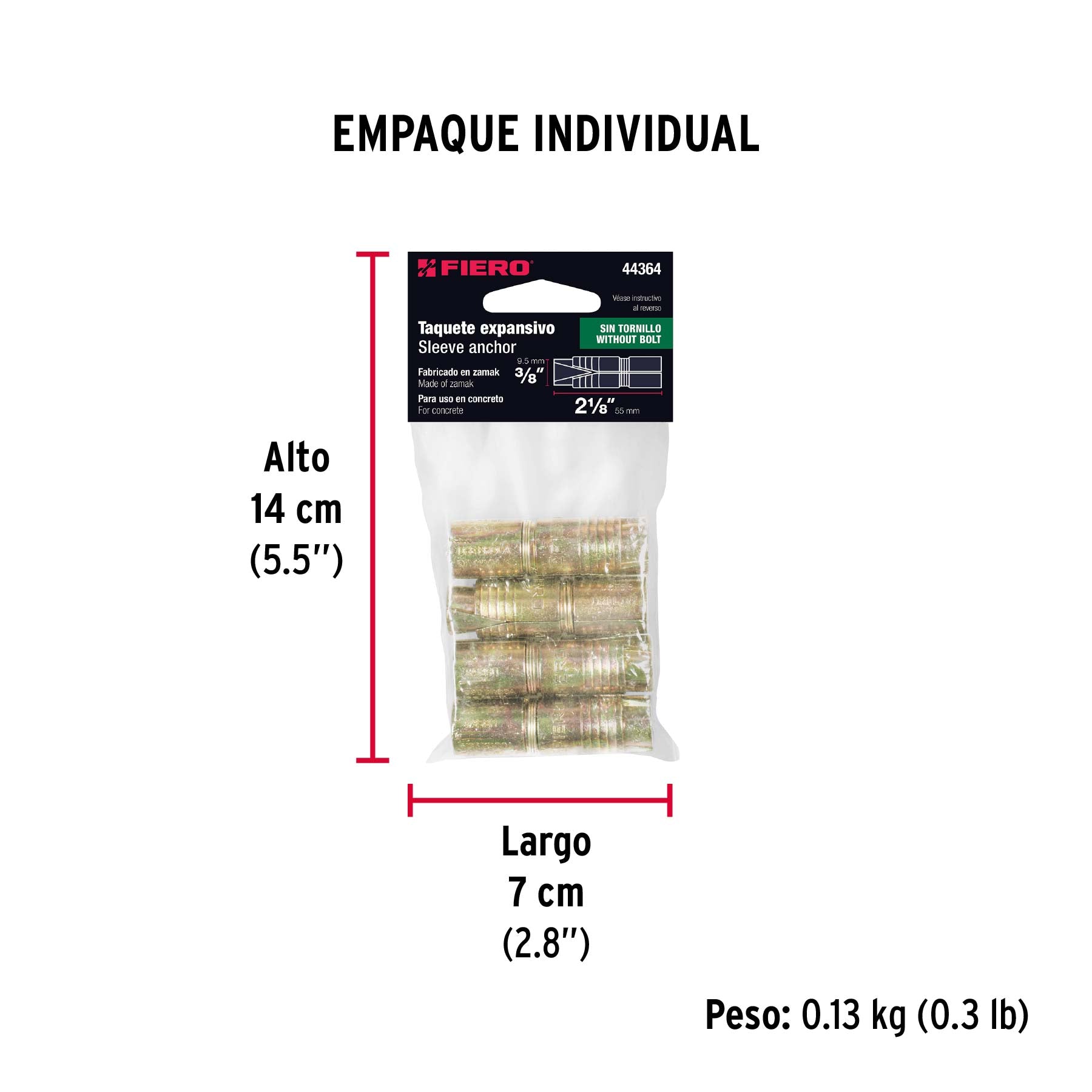 Taquete de expansión, 3/8", bolsa 4 piezas