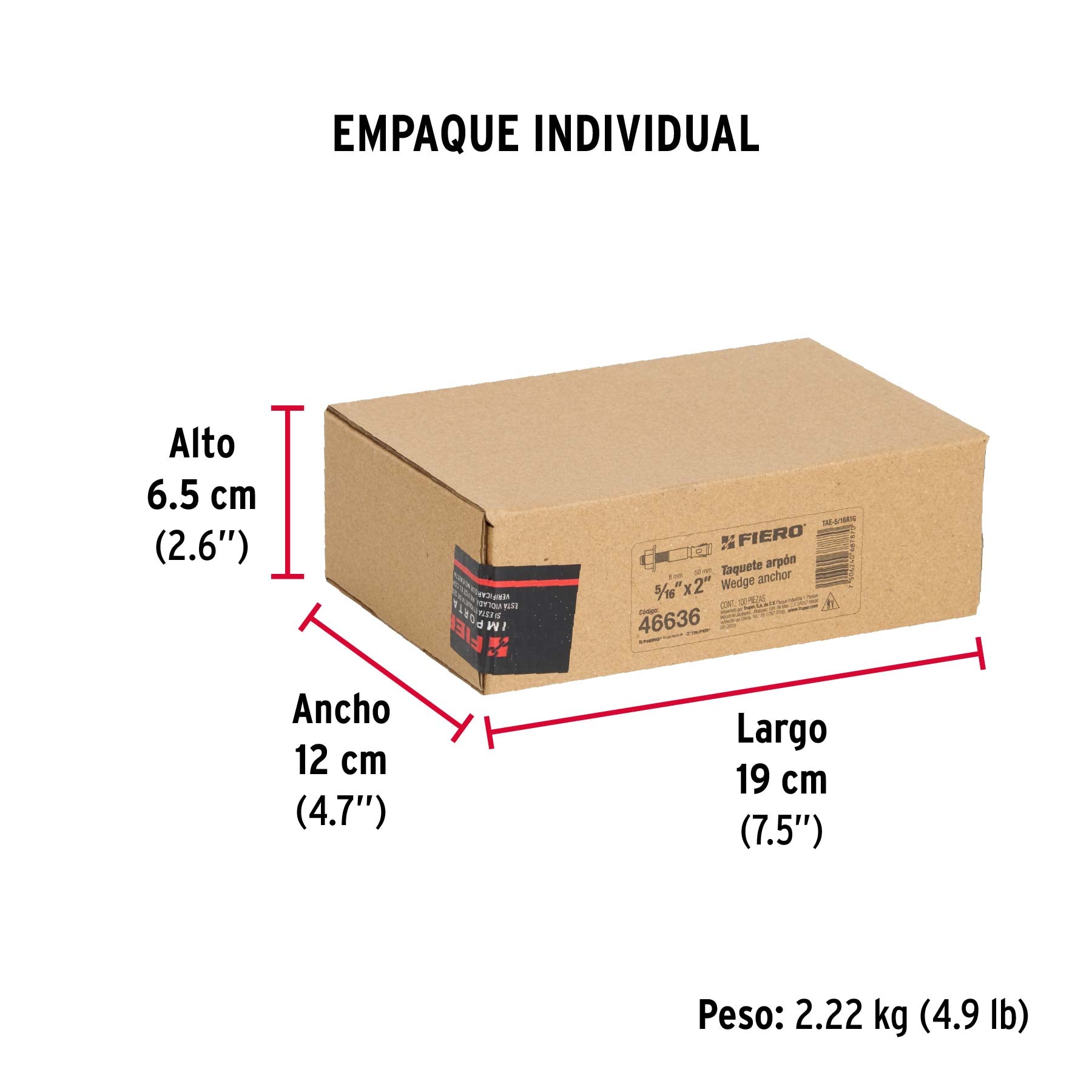Caja con 100 taquetes arpón de 5/16' x 2', Fiero
