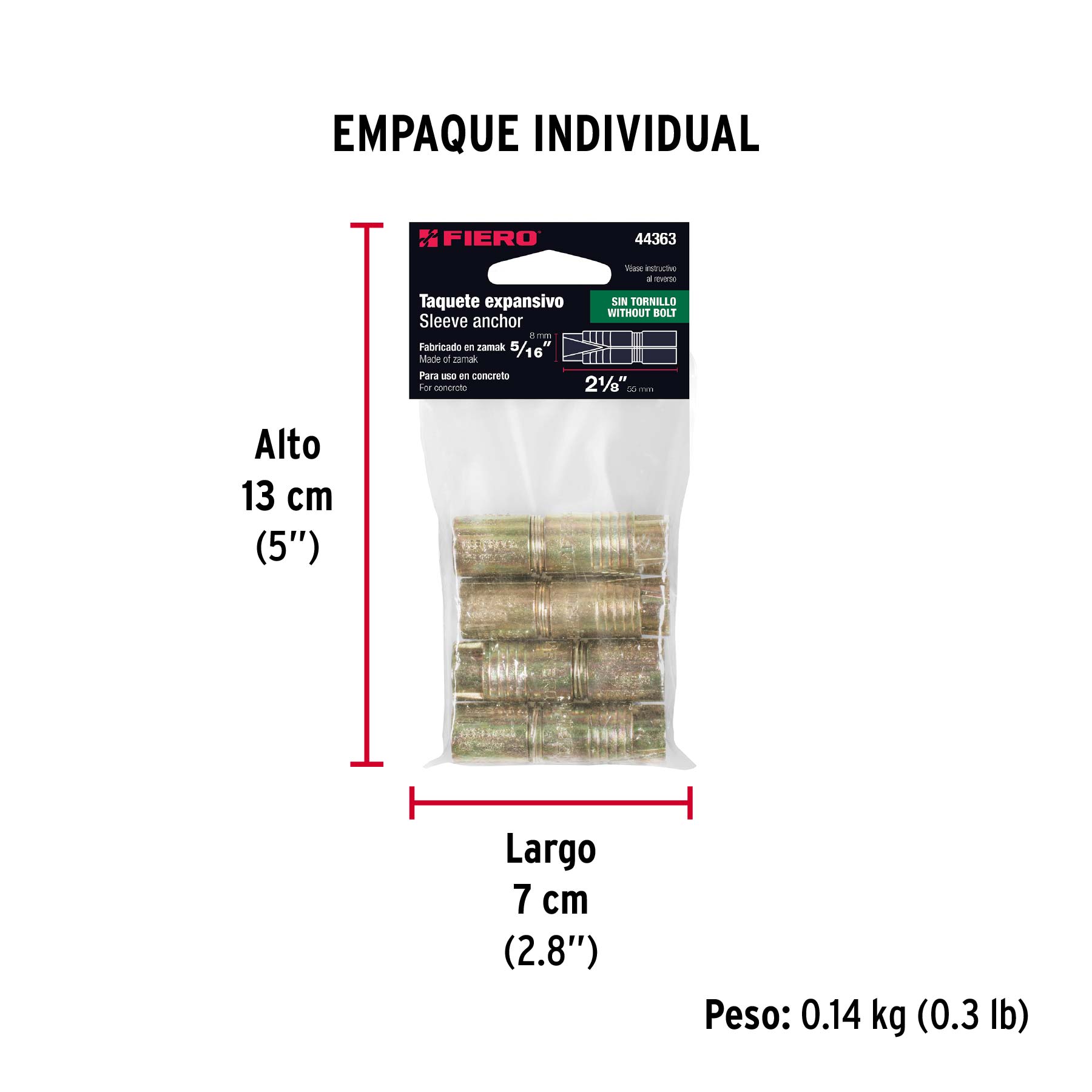 Taquete de expansión, 5/16", bolsa 4 piezas