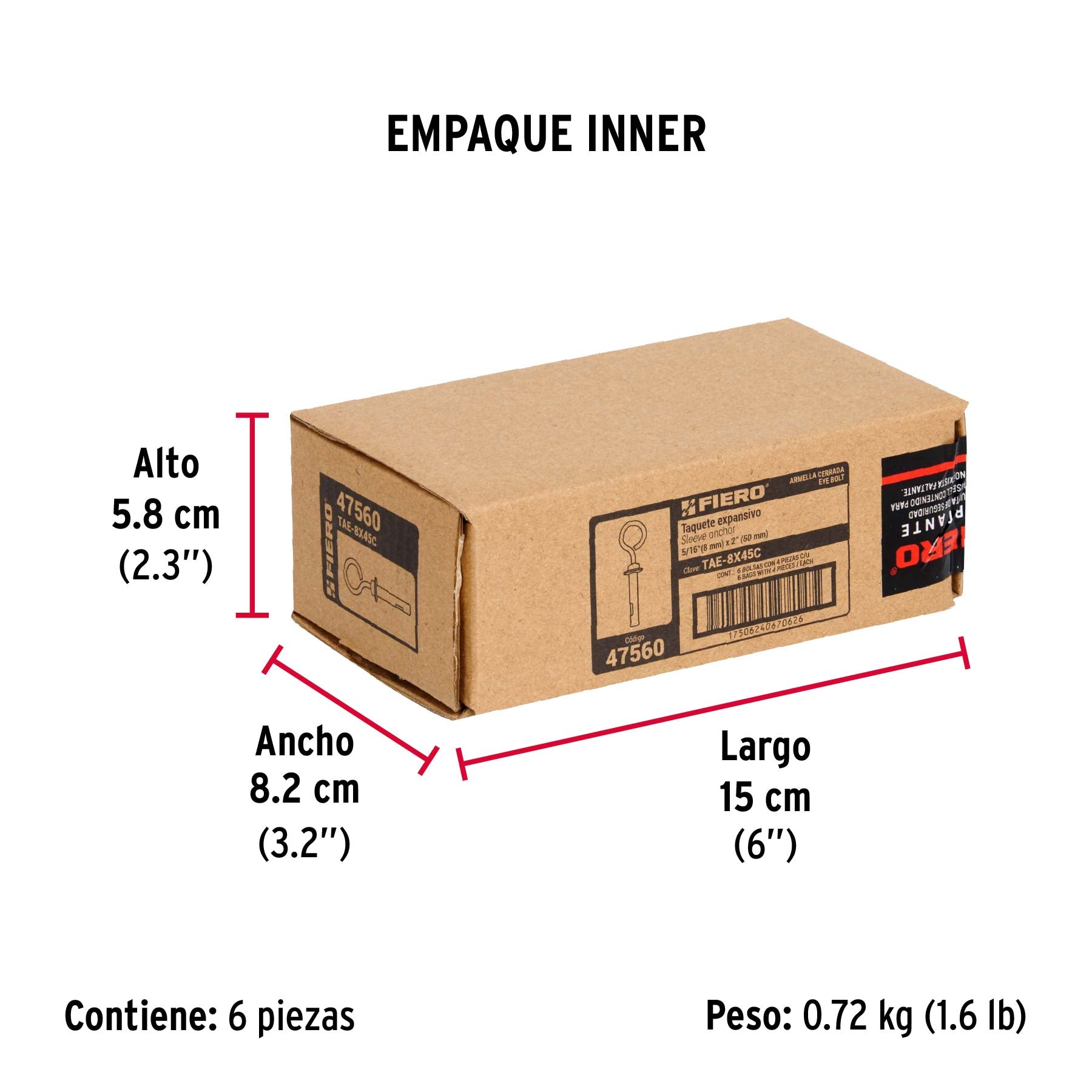 Taquete expansivo con armella cerrada, 8X45 mm, bolsa 4 pzas