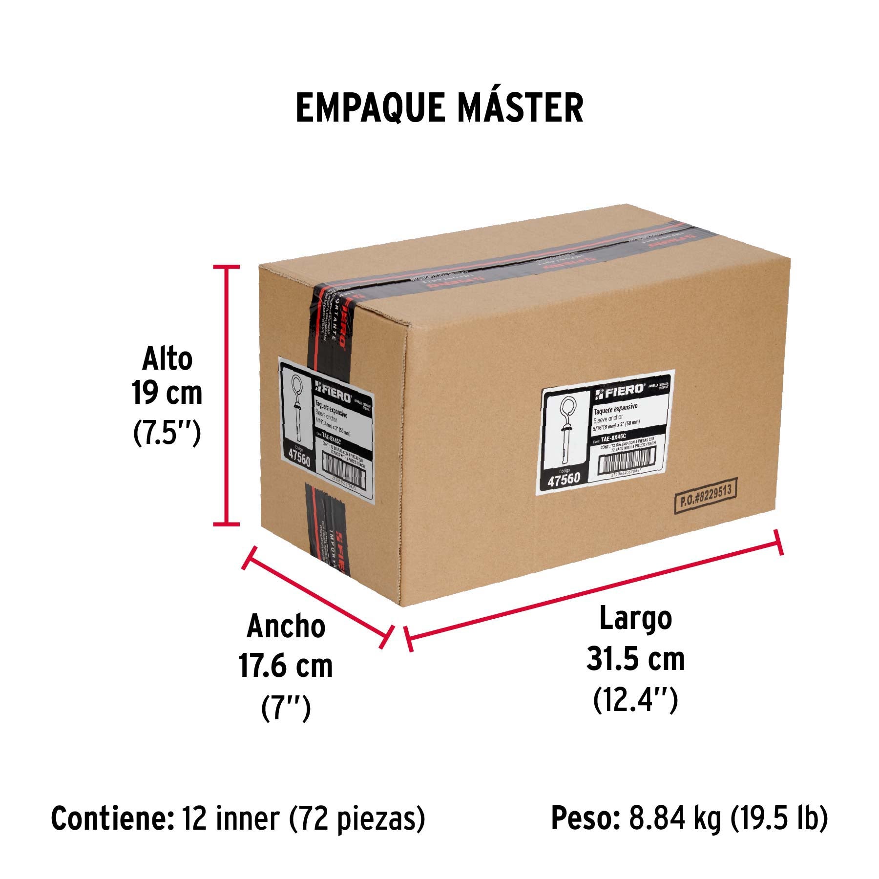Taquete expansivo con armella cerrada, 8X45 mm, bolsa 4 pzas