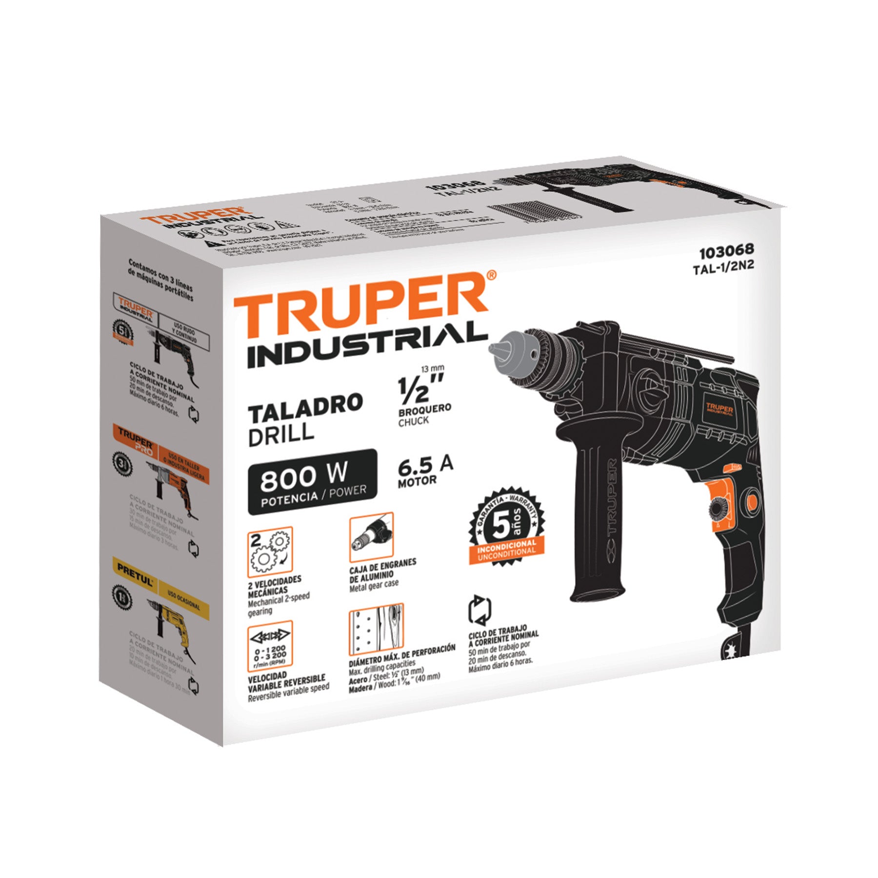 Taladro 1/2', 800W dos velocidades, TRUPER INDUSTRIAL