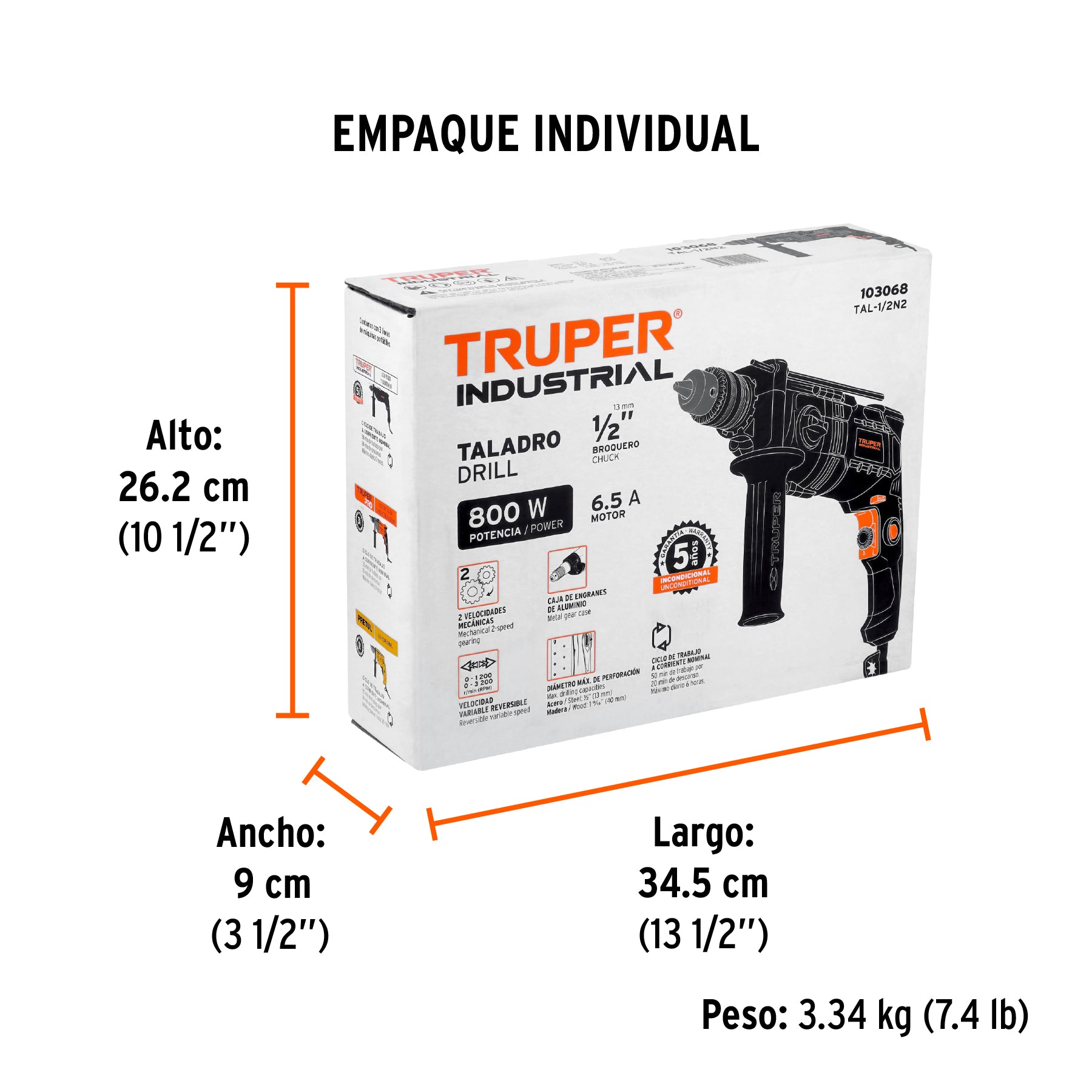Taladro 1/2', 800W dos velocidades, TRUPER INDUSTRIAL