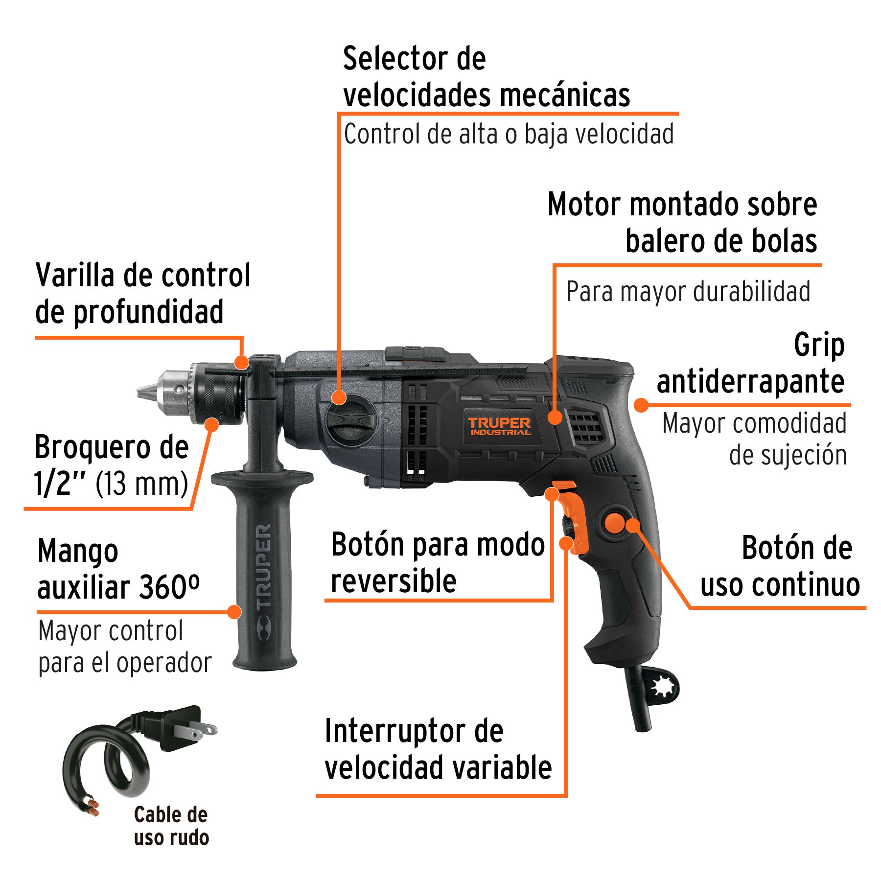 Taladro 1/2', 800W dos velocidades, TRUPER INDUSTRIAL