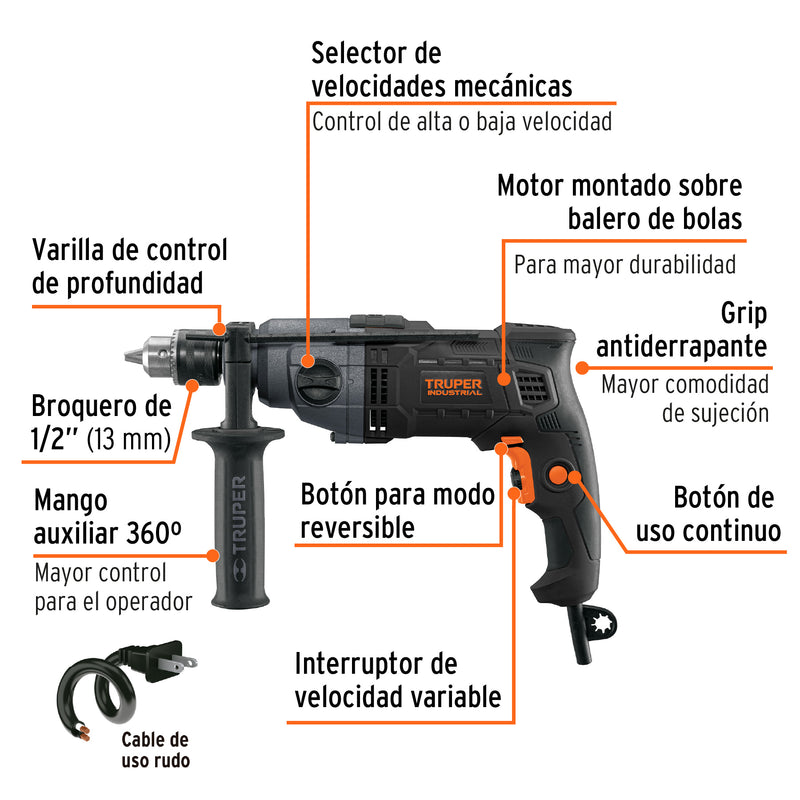 Taladro 1/2', 800W dos velocidades, TRUPER INDUSTRIAL