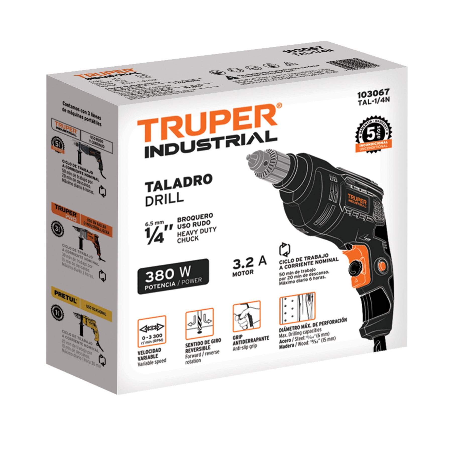 Taladro 1/4', 380W, TRUPER INDUSTRIAL