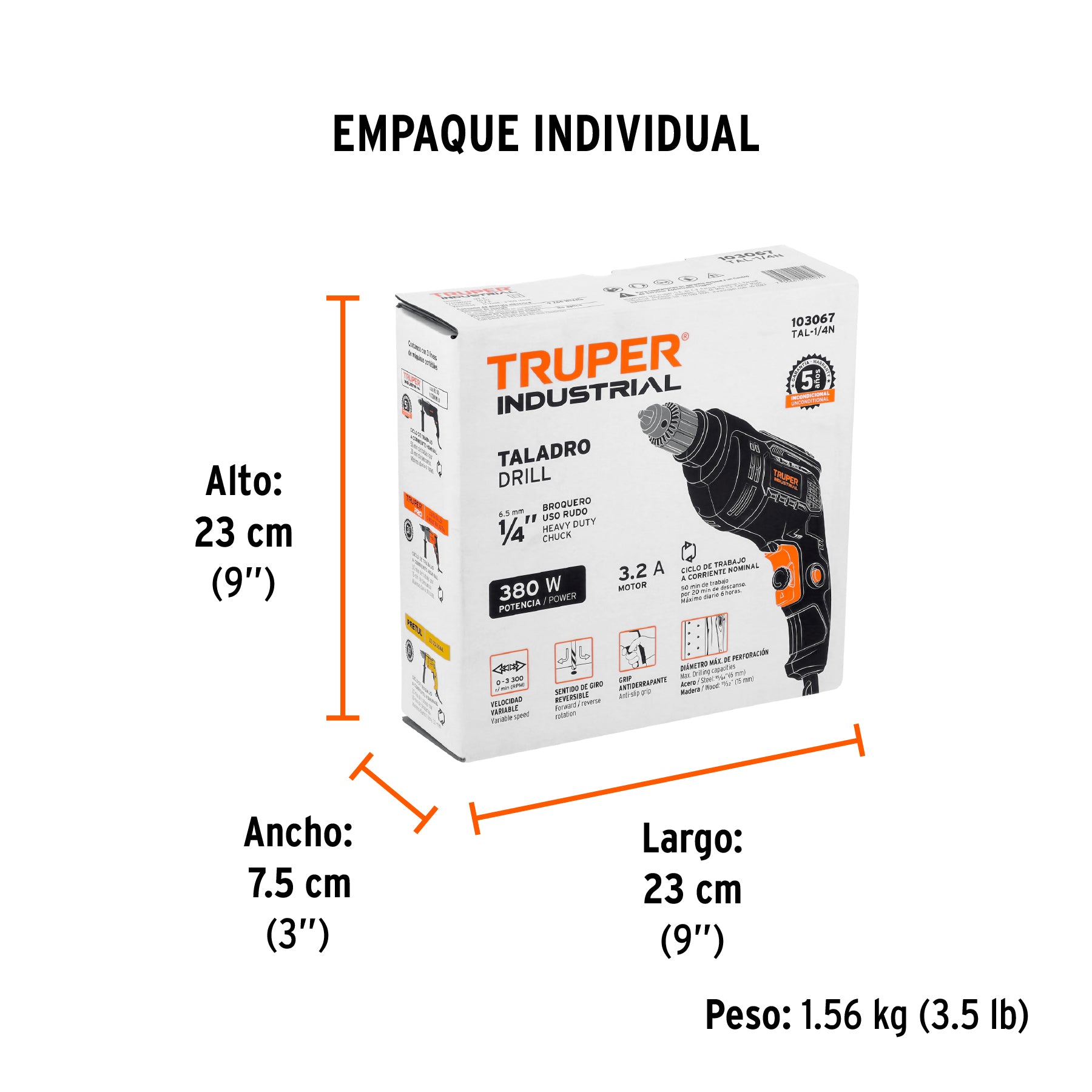 Taladro 1/4', 380W, TRUPER INDUSTRIAL