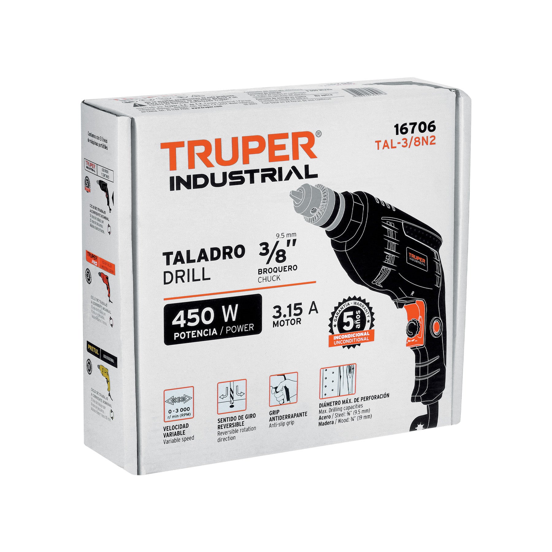 Taladro 3/8", industrial, 400 W