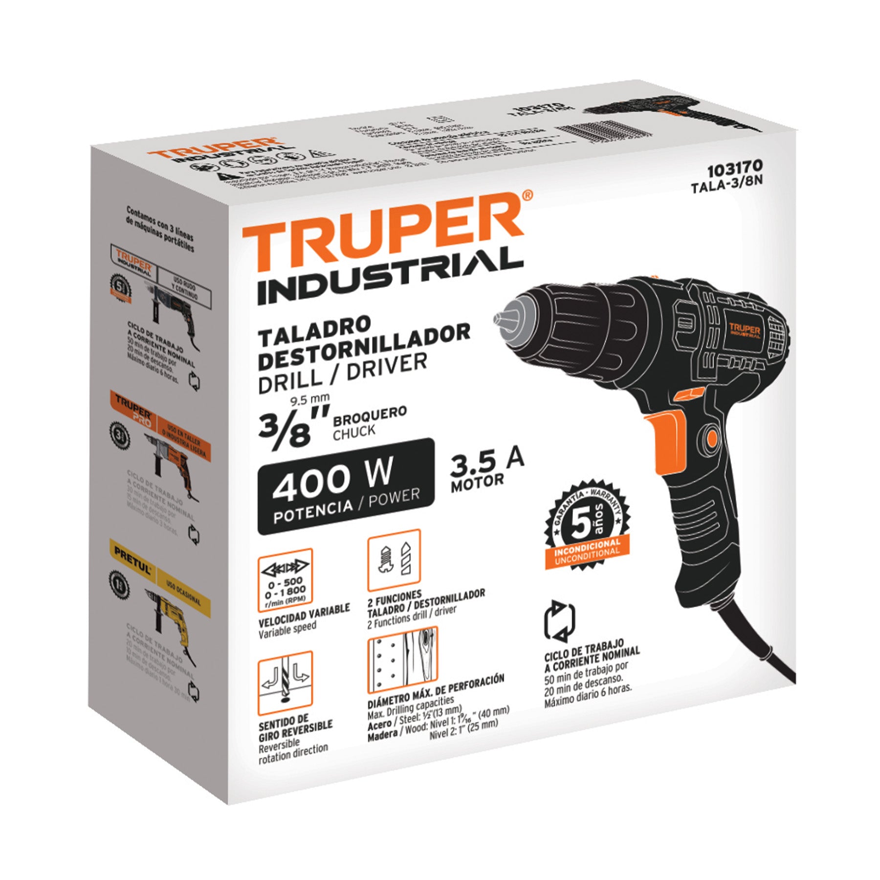 Taladro atornillador 3/8', 400W, TRUPER INDUSTRIAL