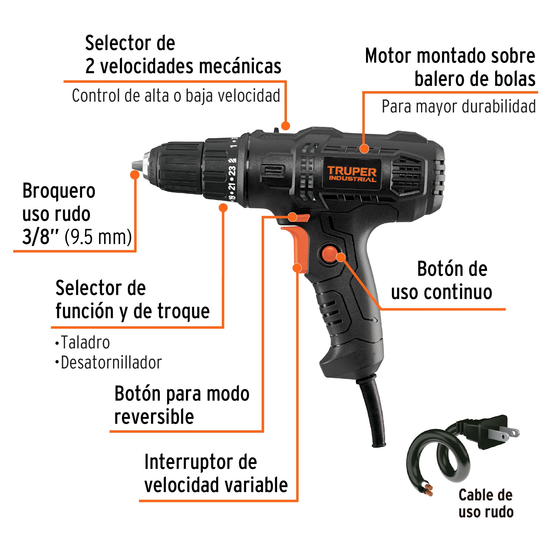 Taladro atornillador 3/8', 400W, TRUPER INDUSTRIAL