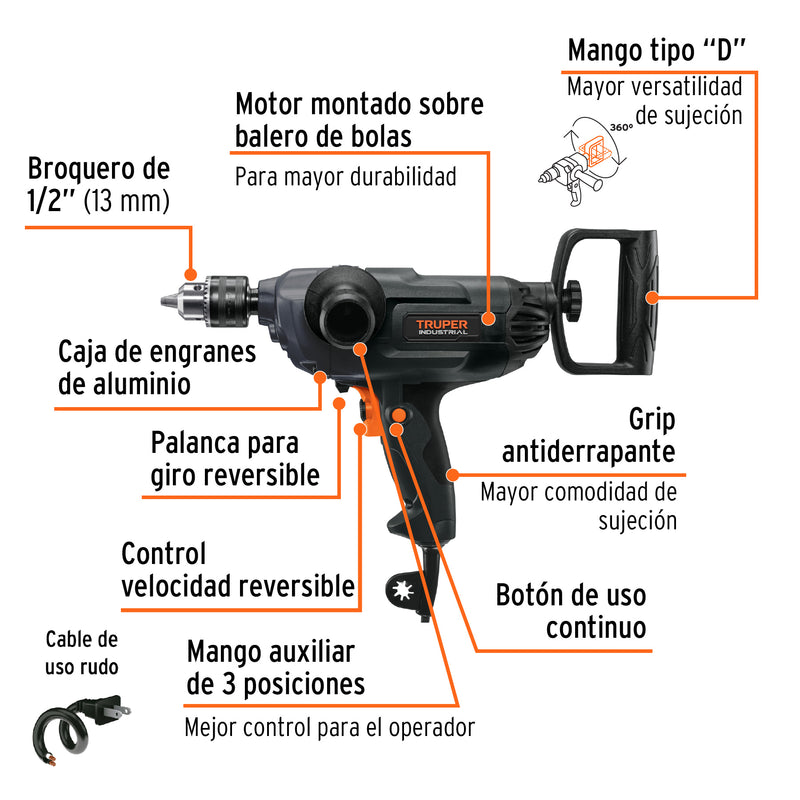 Taladro tipo espada 1/2", industrial, 1150 W
