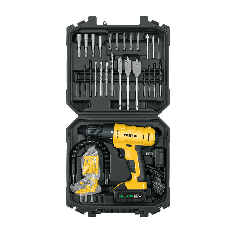 Kit taladro inalámbrico 3/8', 12V, 35 accesorios con maletín