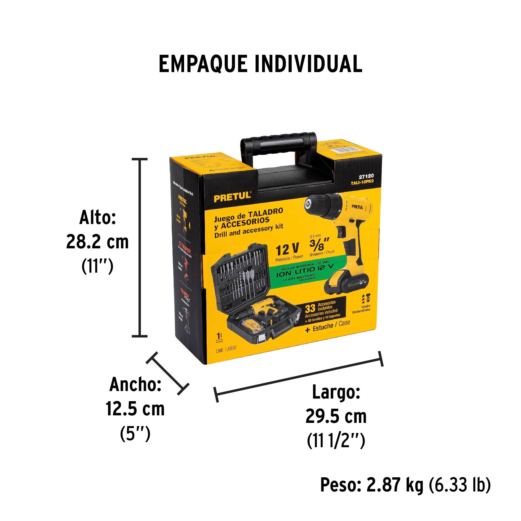 Kit taladro inalámbrico 3/8', 12V, 35 accesorios con maletín