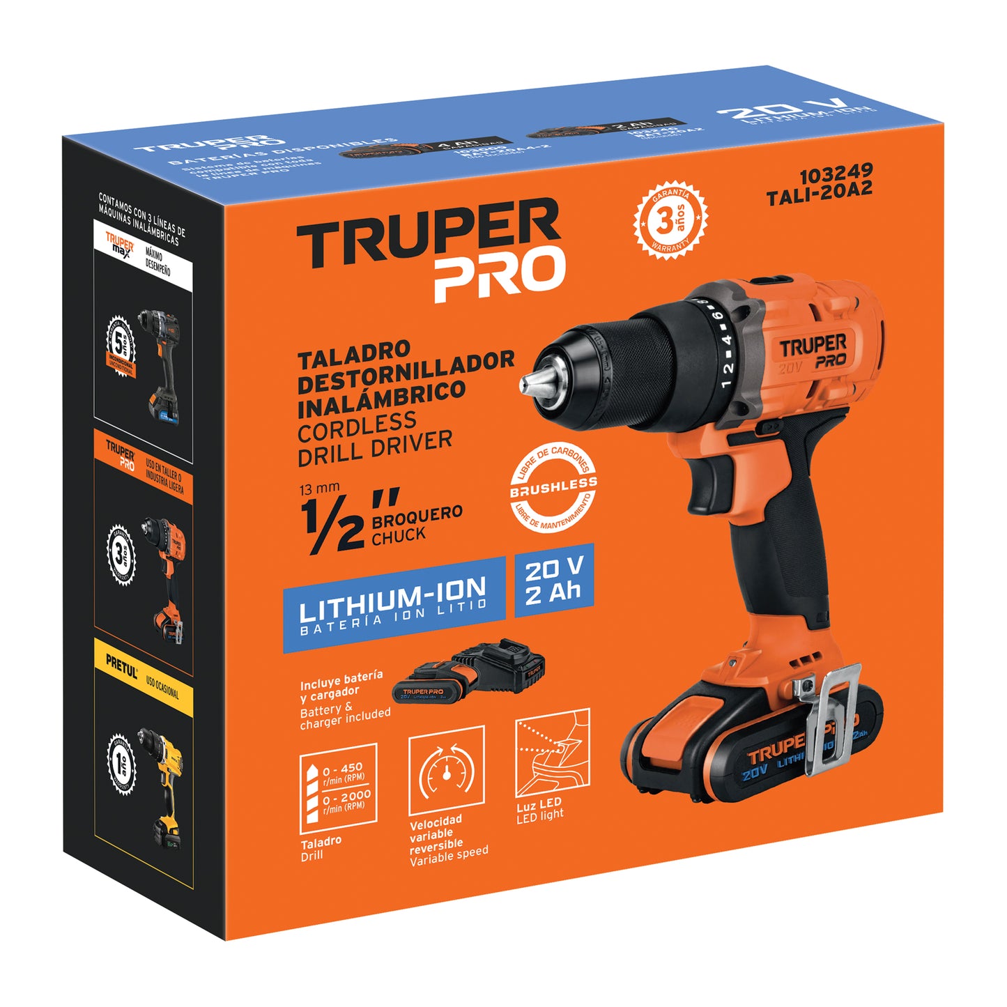 Taladro inal. 1/2', 20V, 1 bat. 2Ah, 1 carg. TRUPER PRO