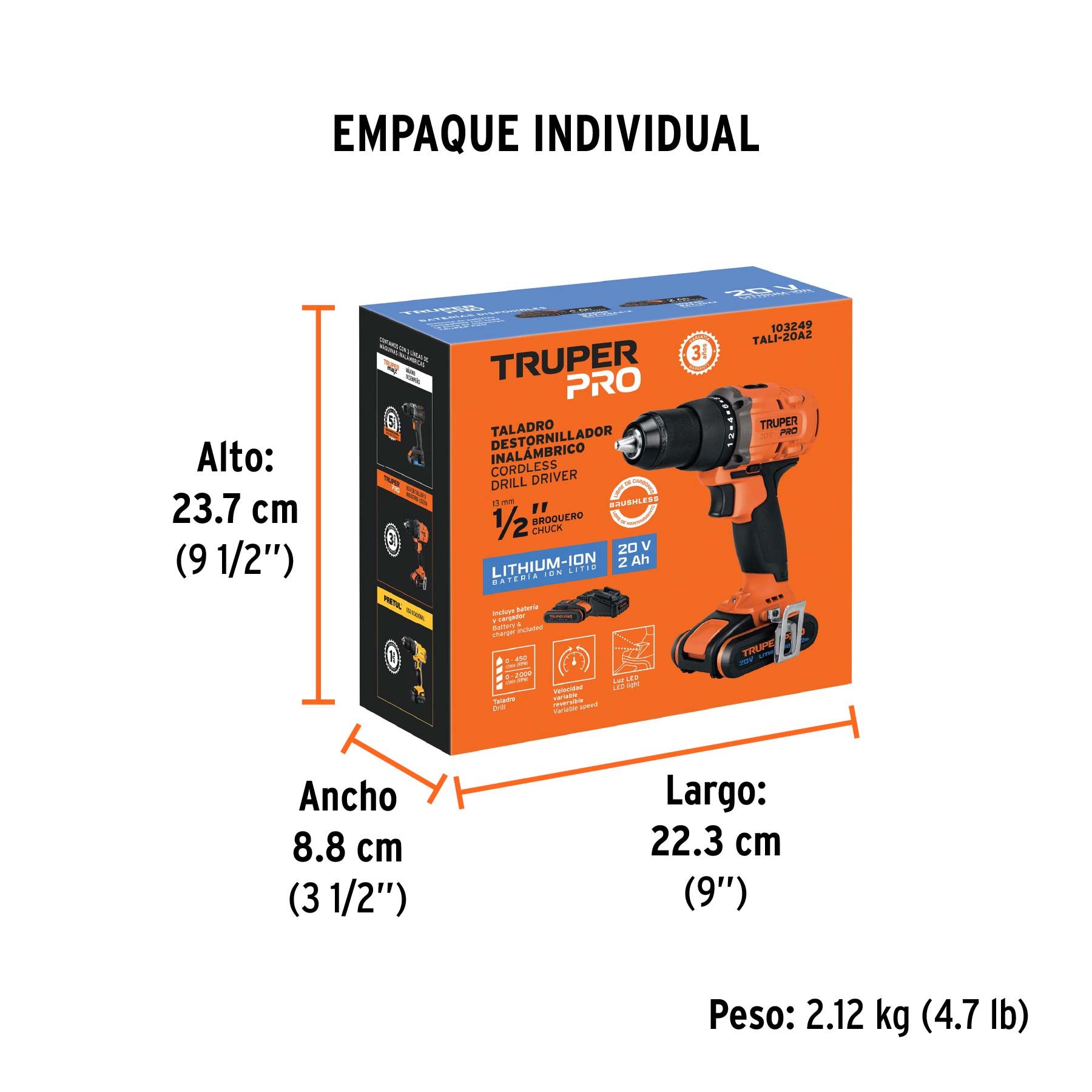 Taladro inal. 1/2', 20V, 1 bat. 2Ah, 1 carg. TRUPER PRO