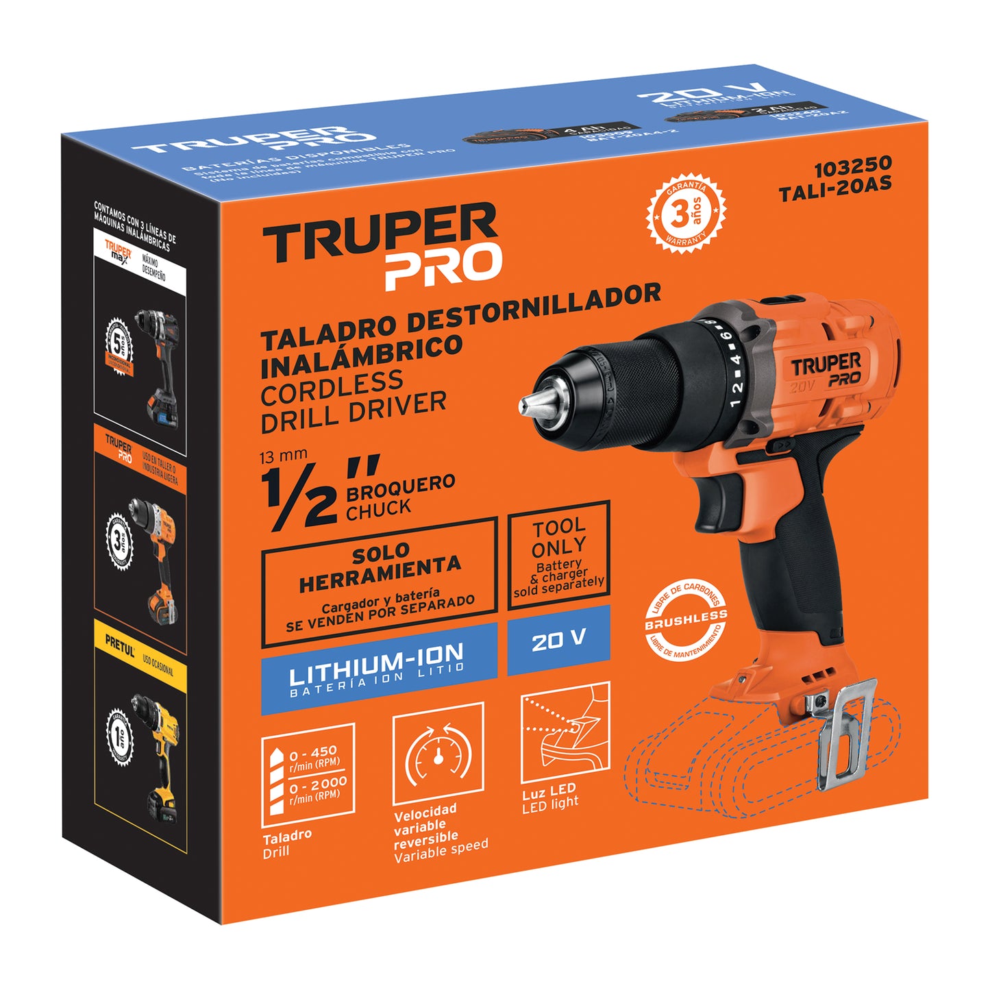 Taladro inal.1/2', 20V, s/accesorios, TRUPER PRO