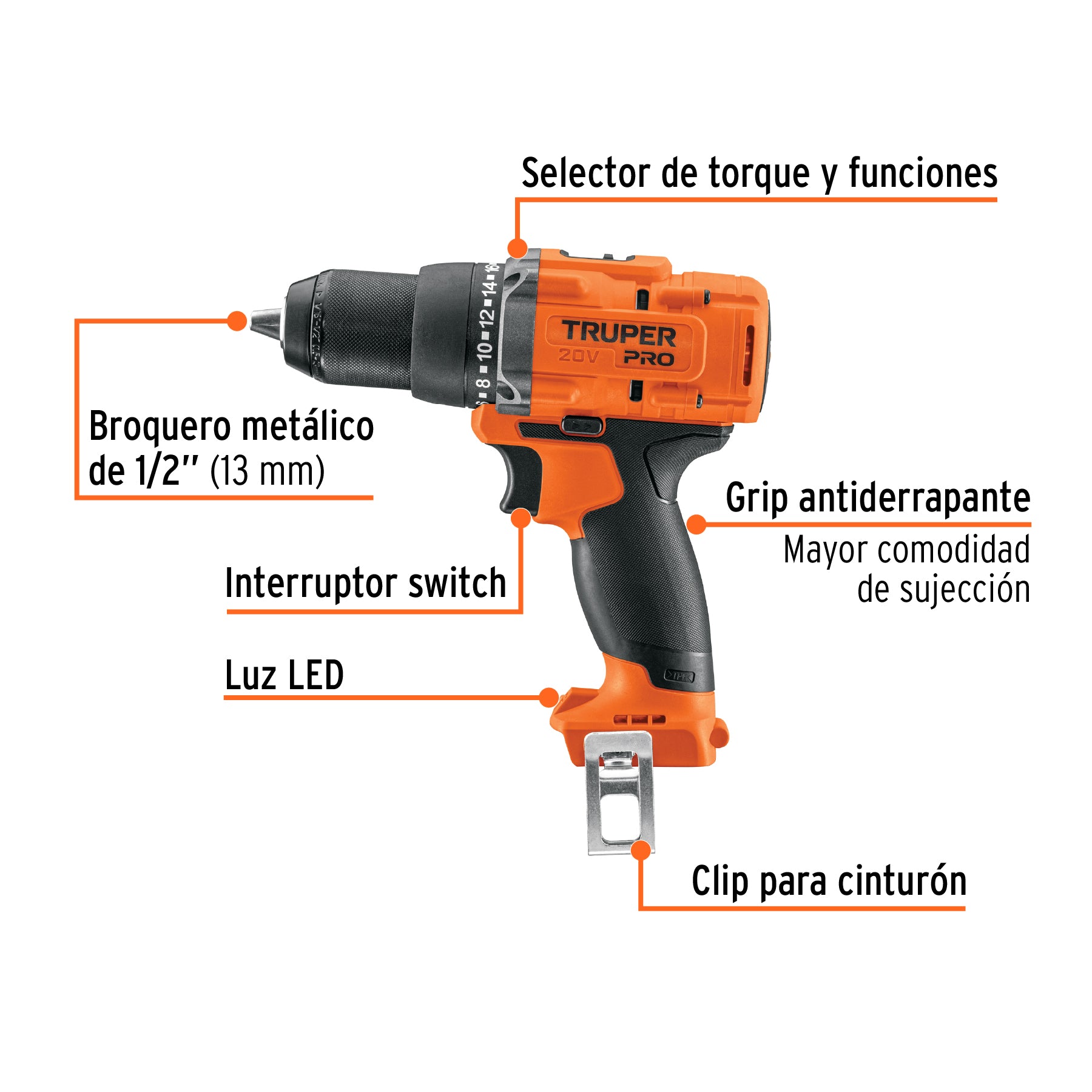 Taladro inal.1/2', 20V, s/accesorios, TRUPER PRO