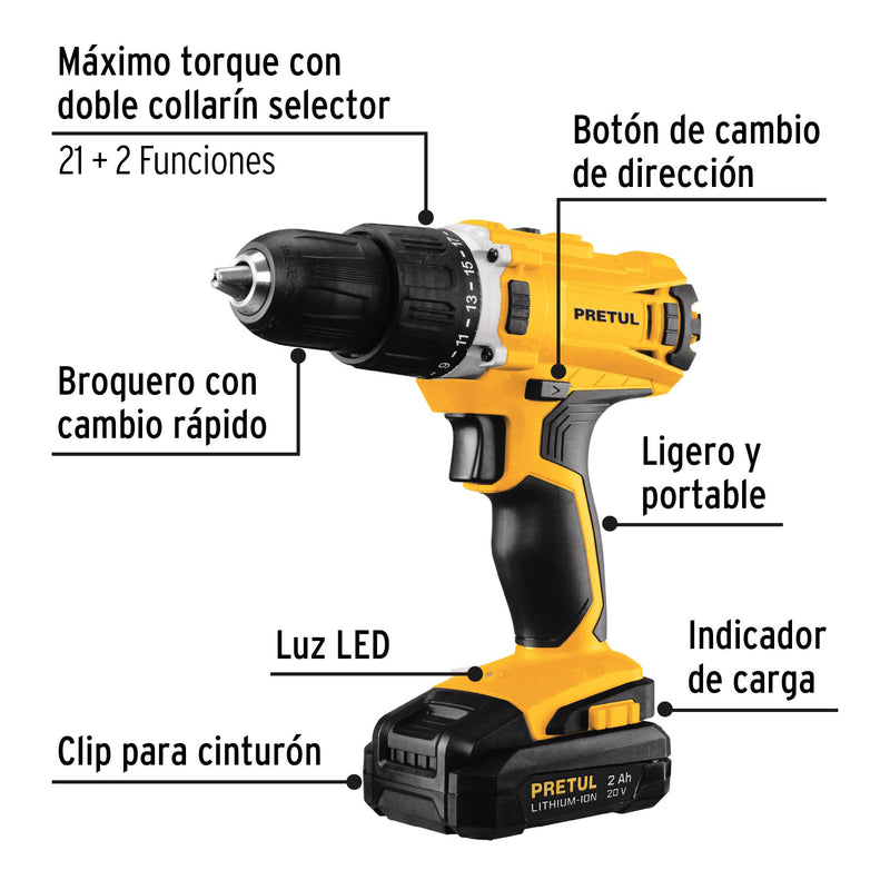 Kit taladro inalámbrico 1/2', 20 V y 32 accesorios, Pretul