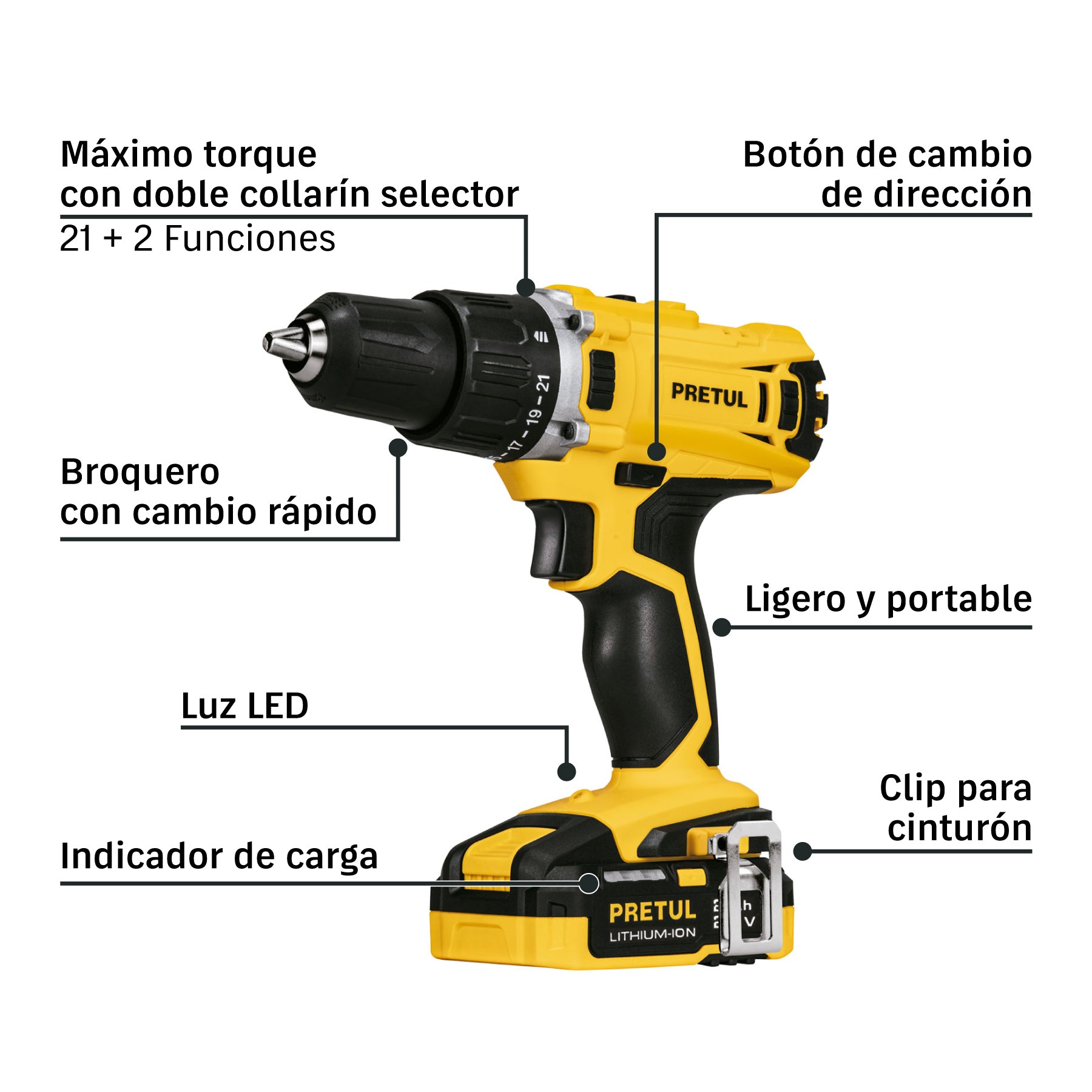 Taladro 1/2', 20V, 1 batería 2Ah, PRETUL