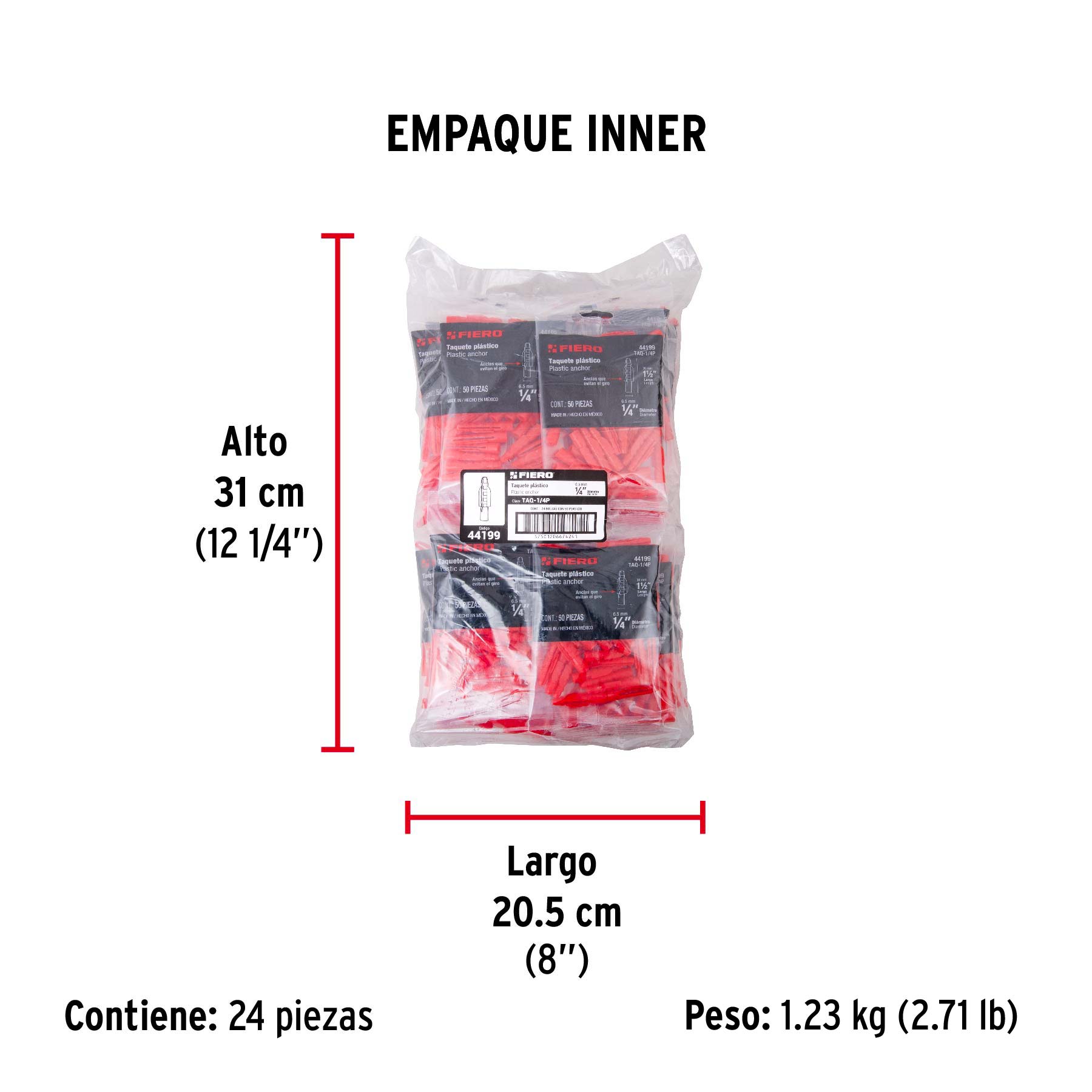 Taquete de 1/4", de plastico, bolsa 50 piezas