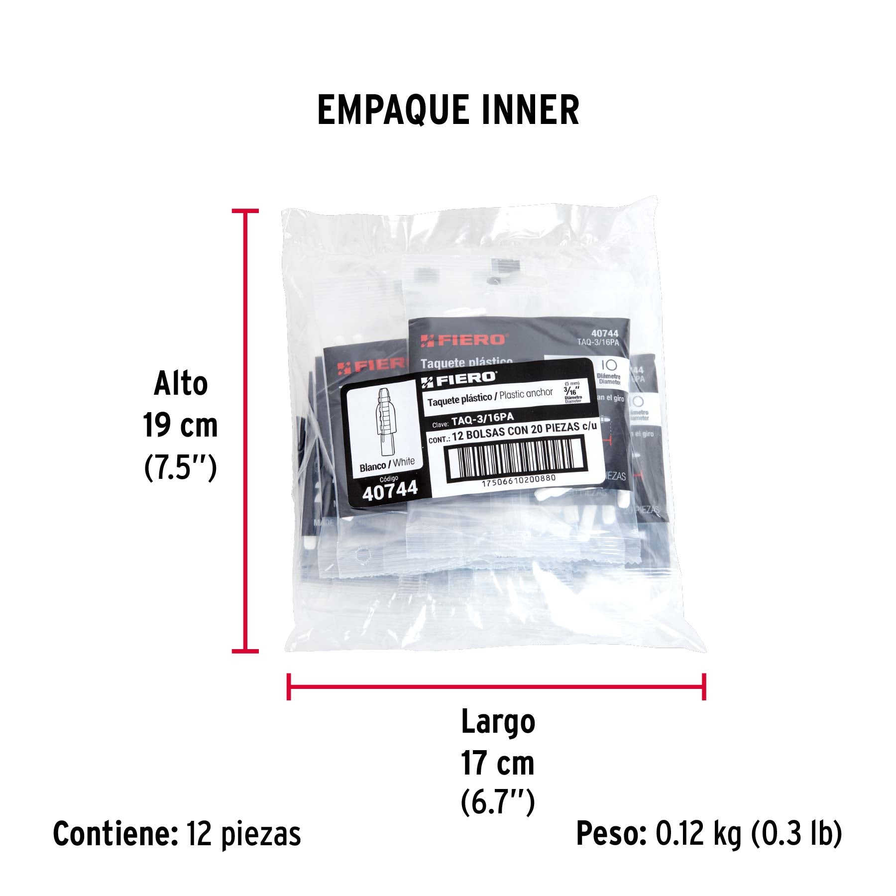 Bolsa con 20 taquetes de plástico 3/16', Fiero