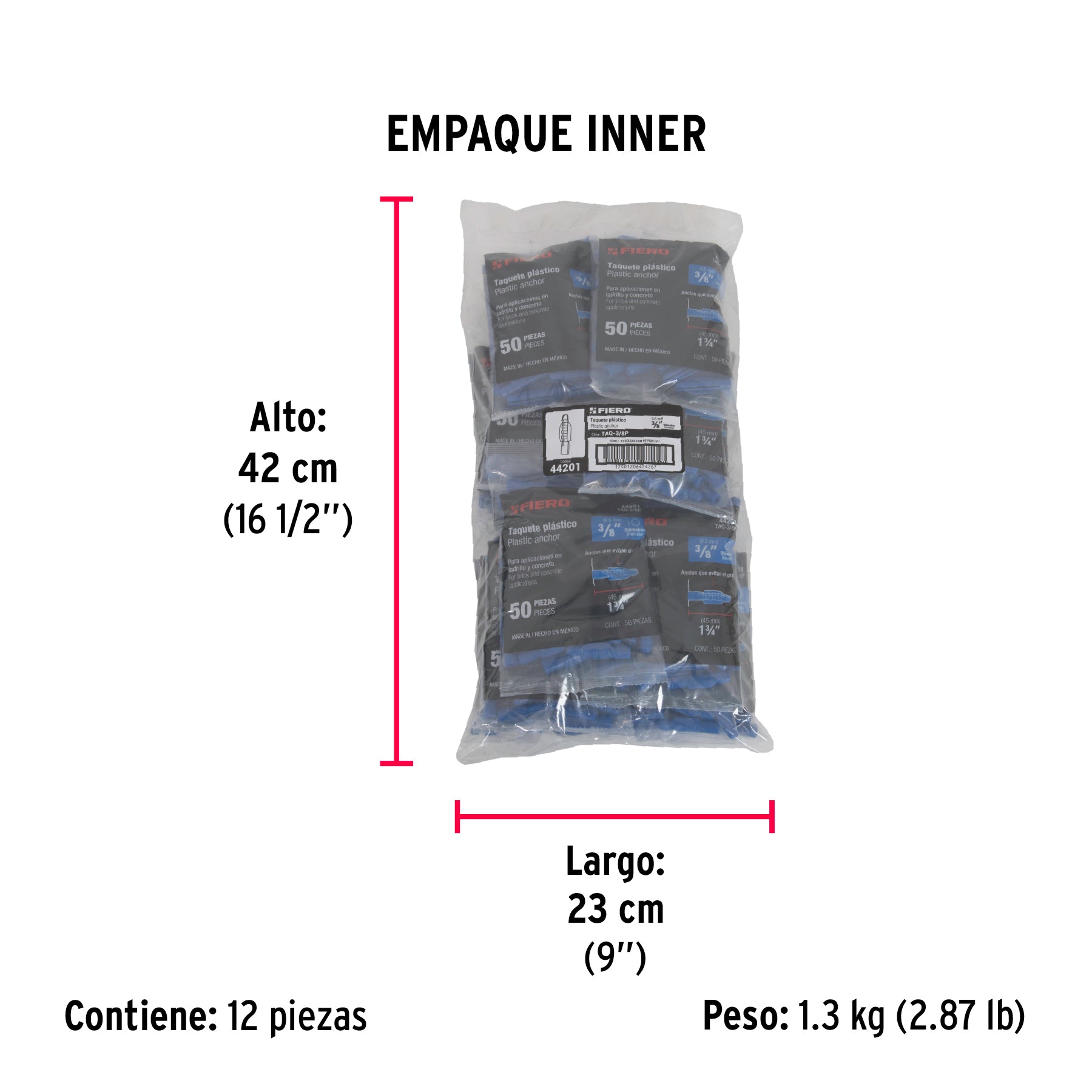 Taquete de 3/8", de plastico, bolsa 50 piezas