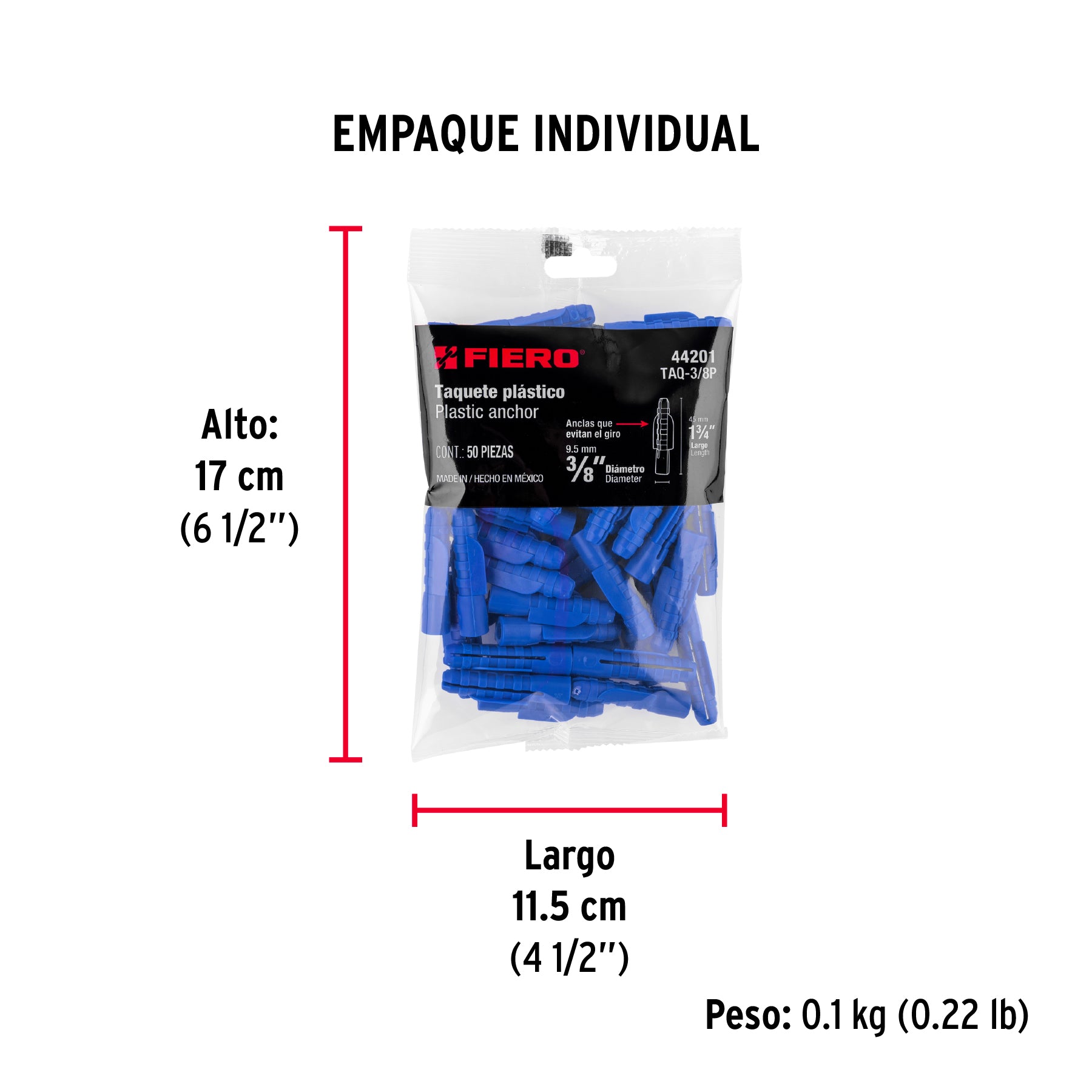 Taquete de 3/8", de plastico, bolsa 50 piezas