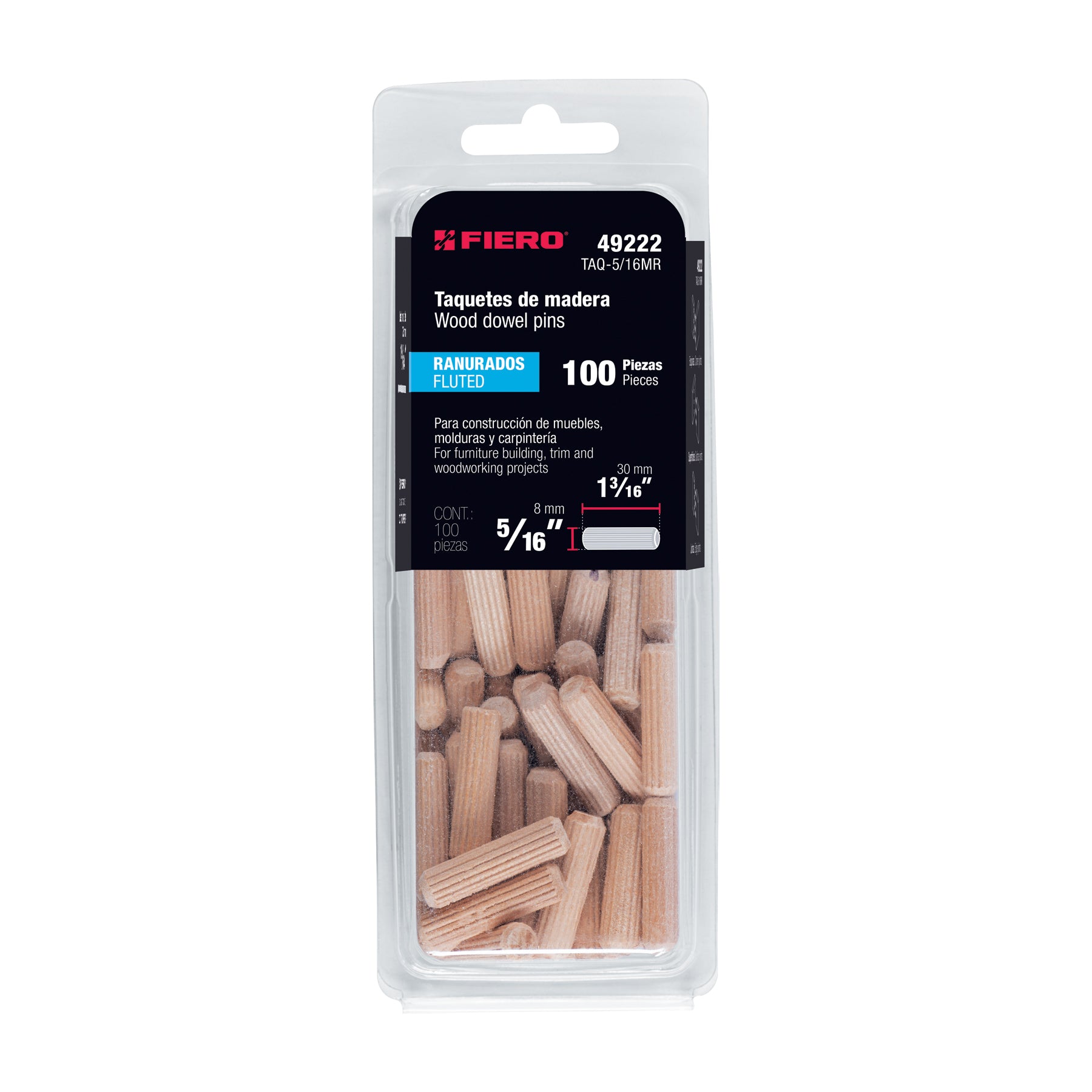 Blíster con 100 taquetes de madera ranurado 5/16', Fiero