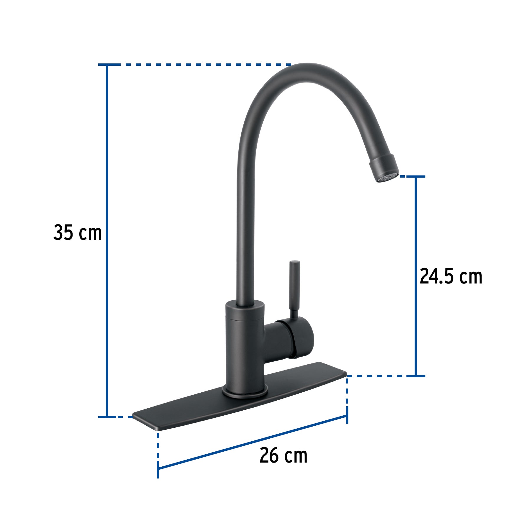Monomando para fregadero, cuello alto, negro mate, Tubig