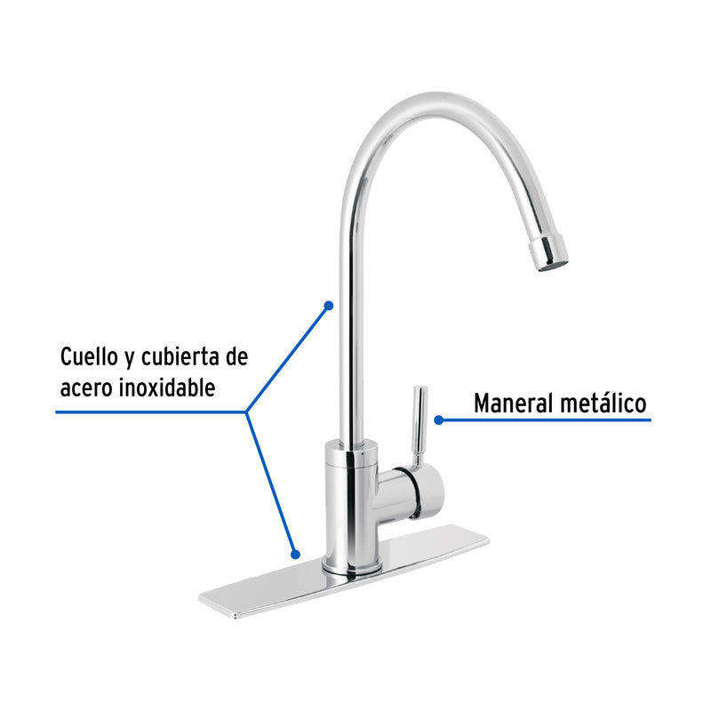 Monomando para fregadero, cuello alto, cromo, Foset