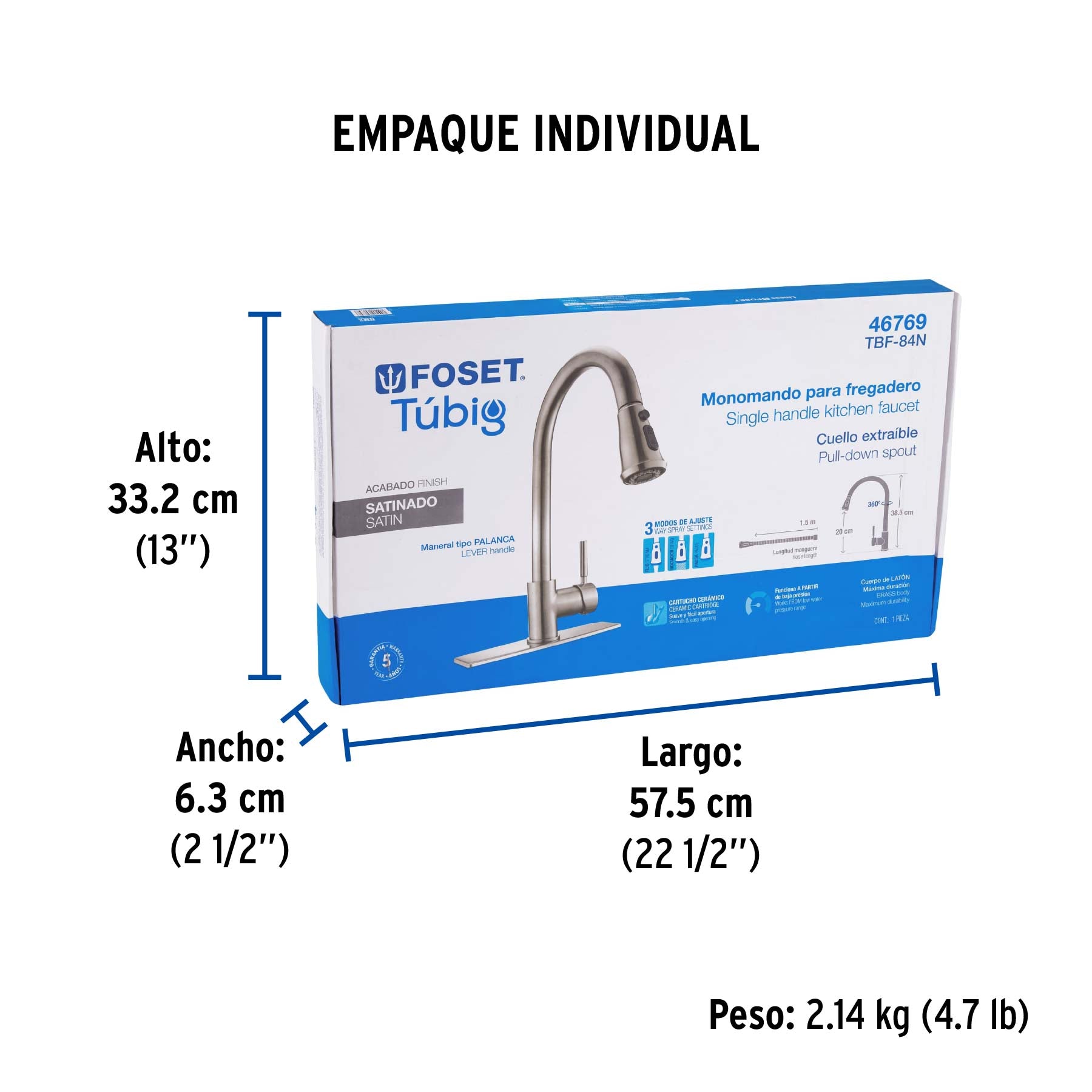 Monomando para fregadero, cuello extraible, satín, Tubig