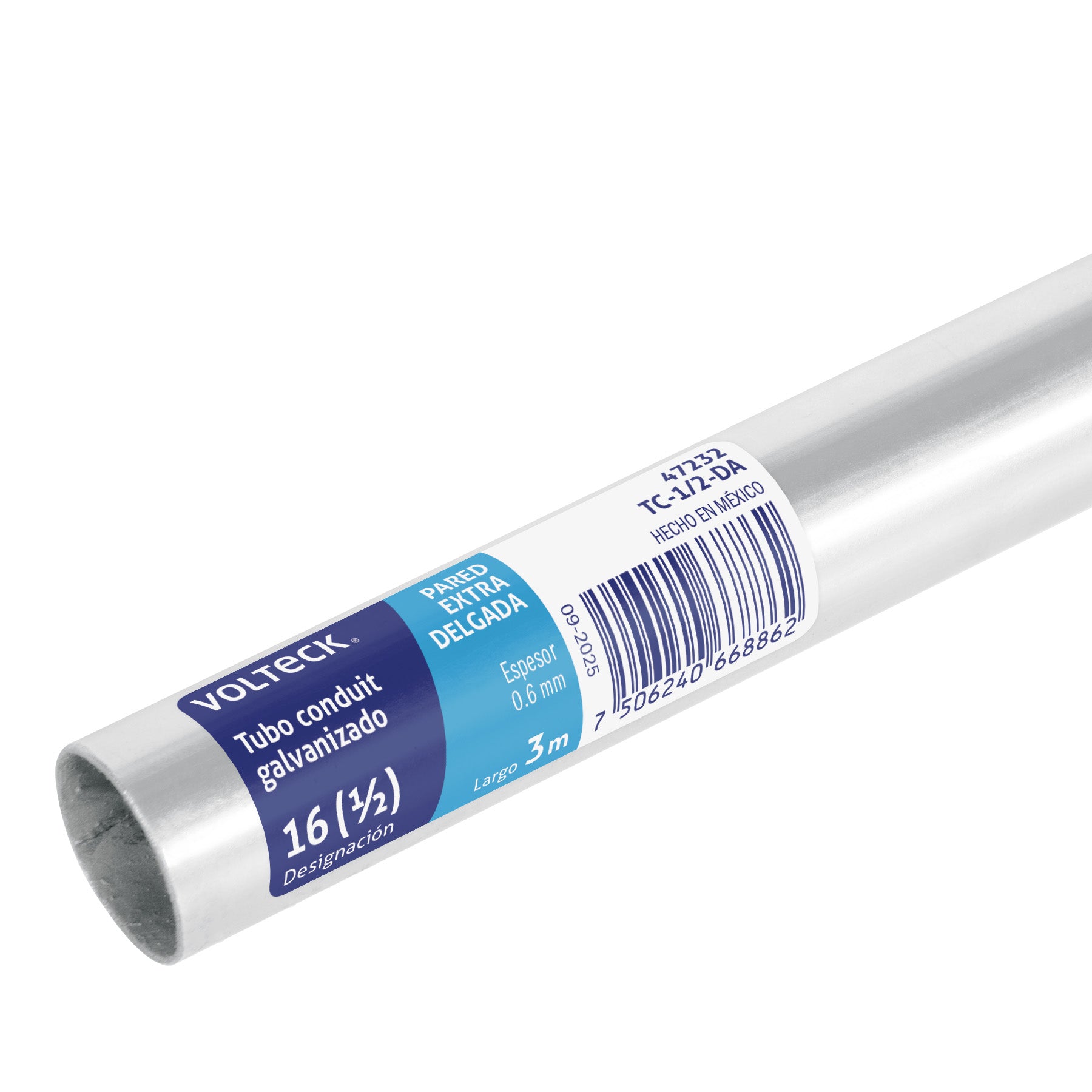 Tubo 1/2" de acero galvanizado 3 m, para pared delgada