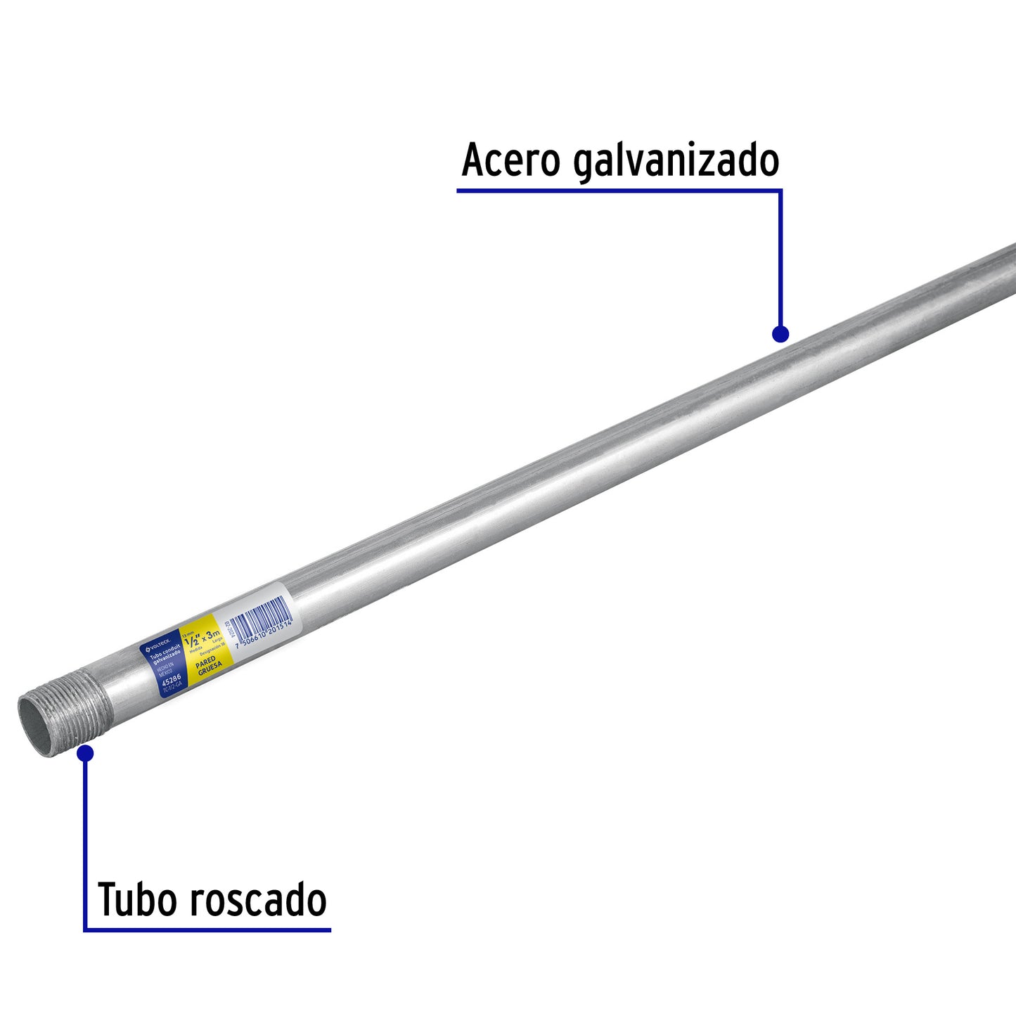 Tubo Conduit 1/2' galvanizado 3 m pared gruesa, et. Amarilla