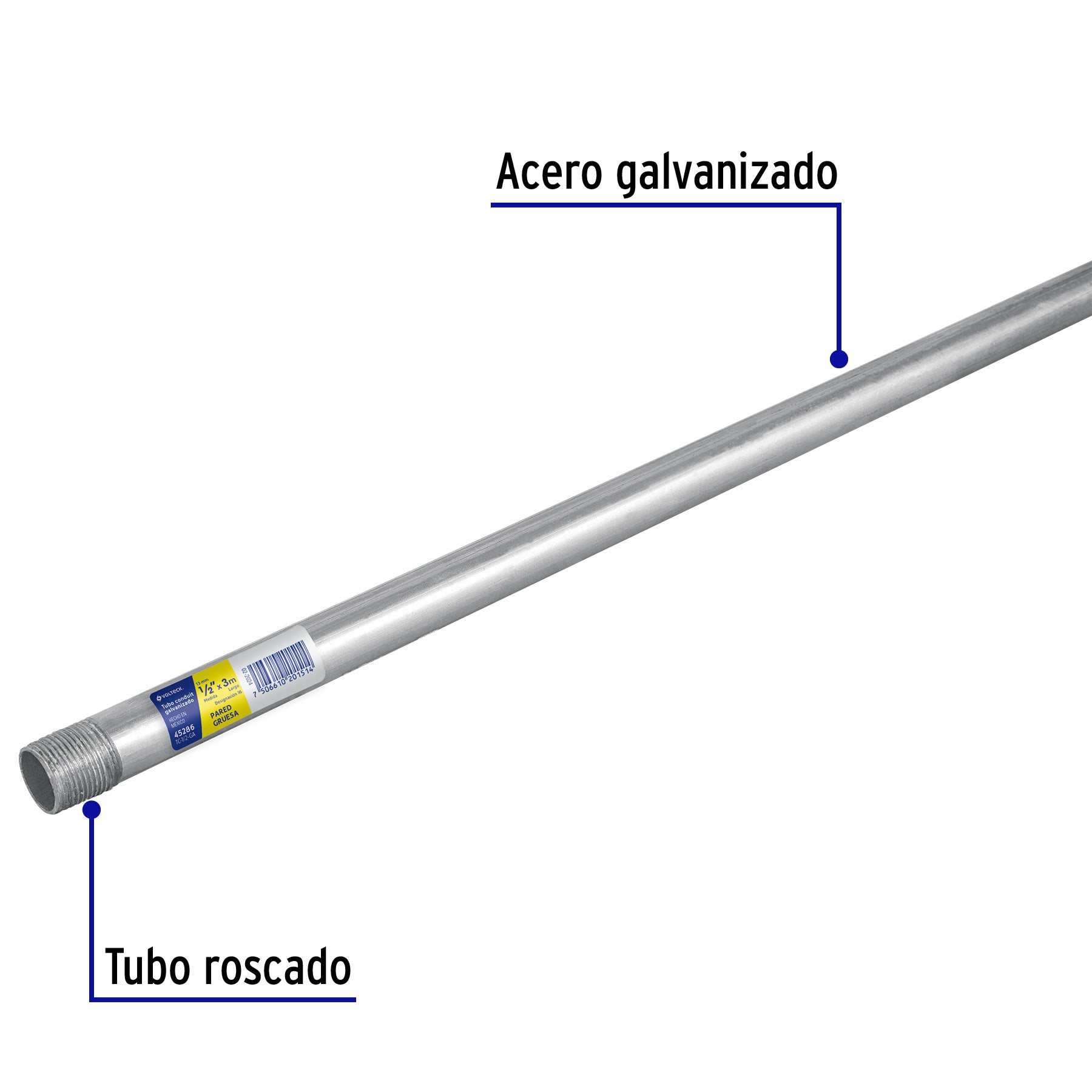 Tubo Conduit 1/2' galvanizado 3 m pared gruesa, et. Amarilla