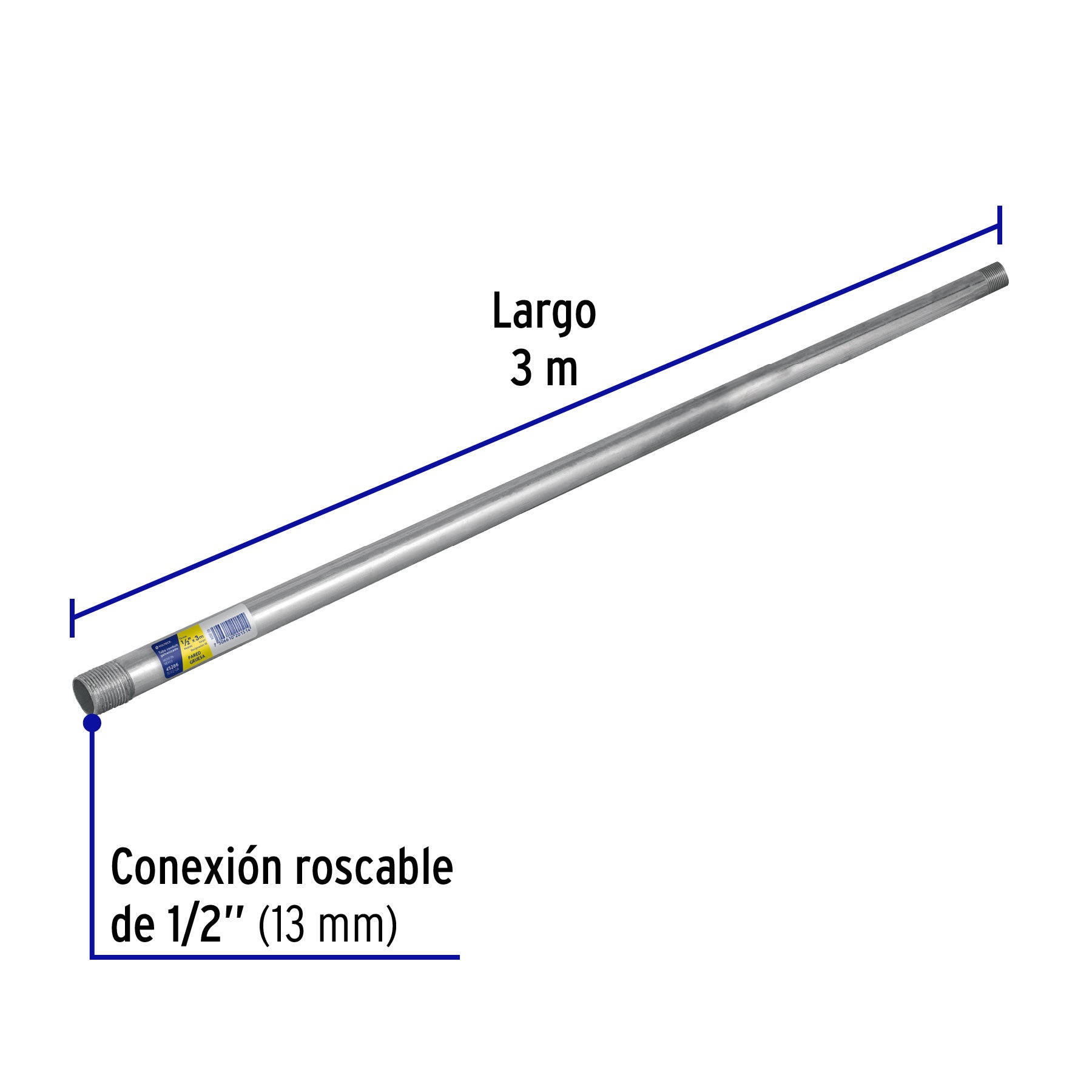Tubo Conduit 1/2' galvanizado 3 m pared gruesa, et. Amarilla