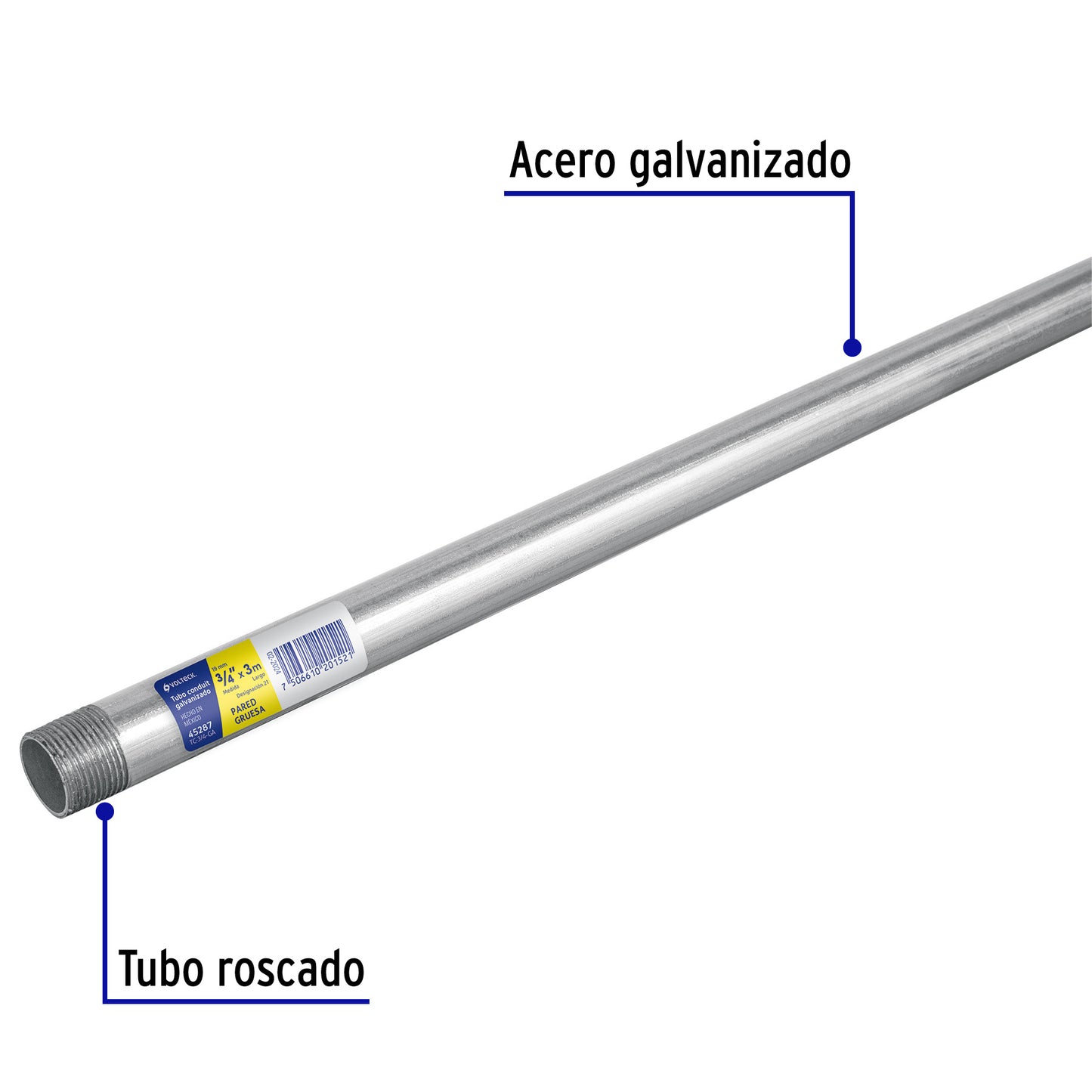 Tubo Conduit 3/4' galvanizado 3 m pared gruesa, et. Amarilla